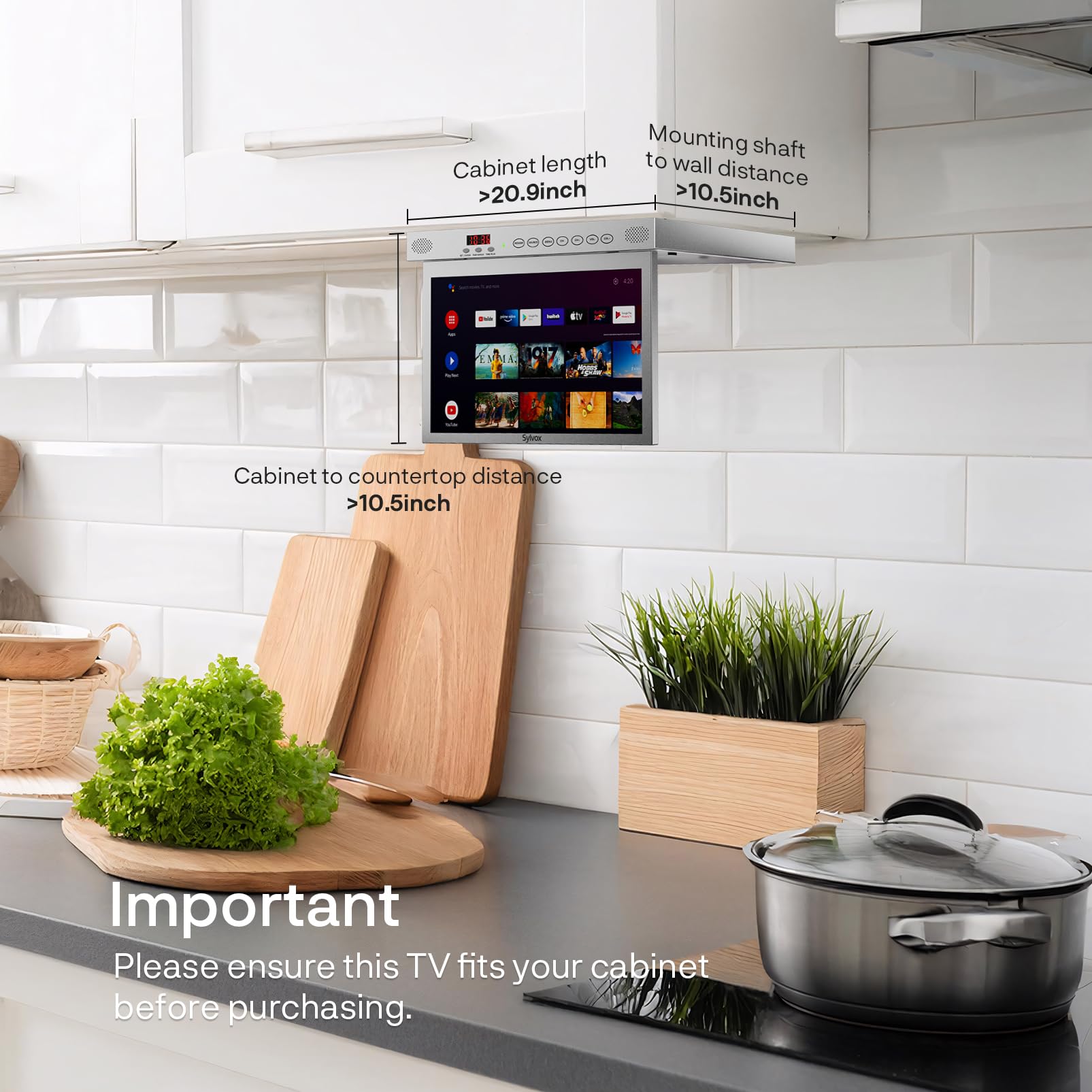 SYLVOX 15.6" TV per Cucina Ribaltabile,1080P FHD, Google 12V TV - Argento | Mini TV Pieghevole a 90°, Girevole ± 180°, DVB-T2/S2, HEVC 10 | USB | Kitchen Televisione per Camper, Camera