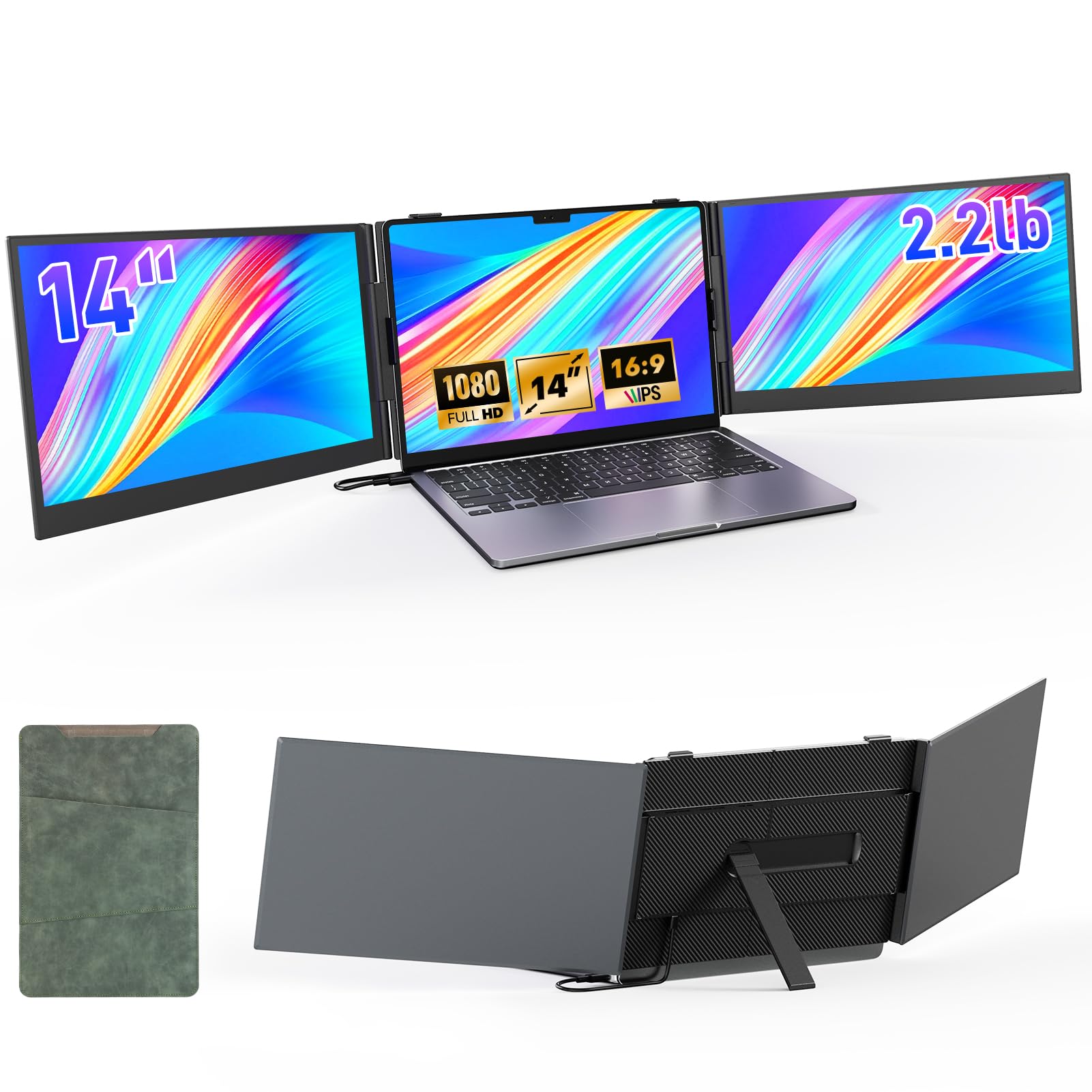 Redalf 14” Triple Laptop Screen Extender,Ultra-Thin & Lightweight (2.2lb) Portable 1080P FHD IPS Monitor, Plug & Play USB-C/HDMI, Fits 13–17.3” Laptops for Mac/Windows/Chrome