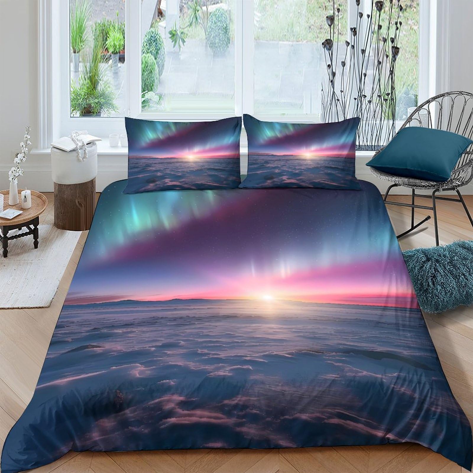 Ctjqhvkz Style-1 3D Printed Aurora Ocean Fitted Sheet Microfiber Soft Breathable Sunset Landscape Mattress Cover Bedroom Decor Single（135X200cm）