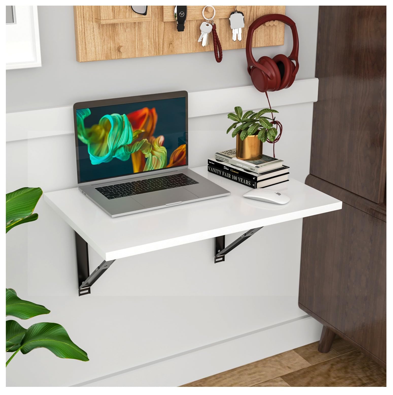 Viz Craft Engineered Wood Wall Mounted Study Table for Smart Space | Multipurpose Wall Hanging Dining Table with Foldable Feature for Dining Room | Study Room | Finish Color - White & Black |
