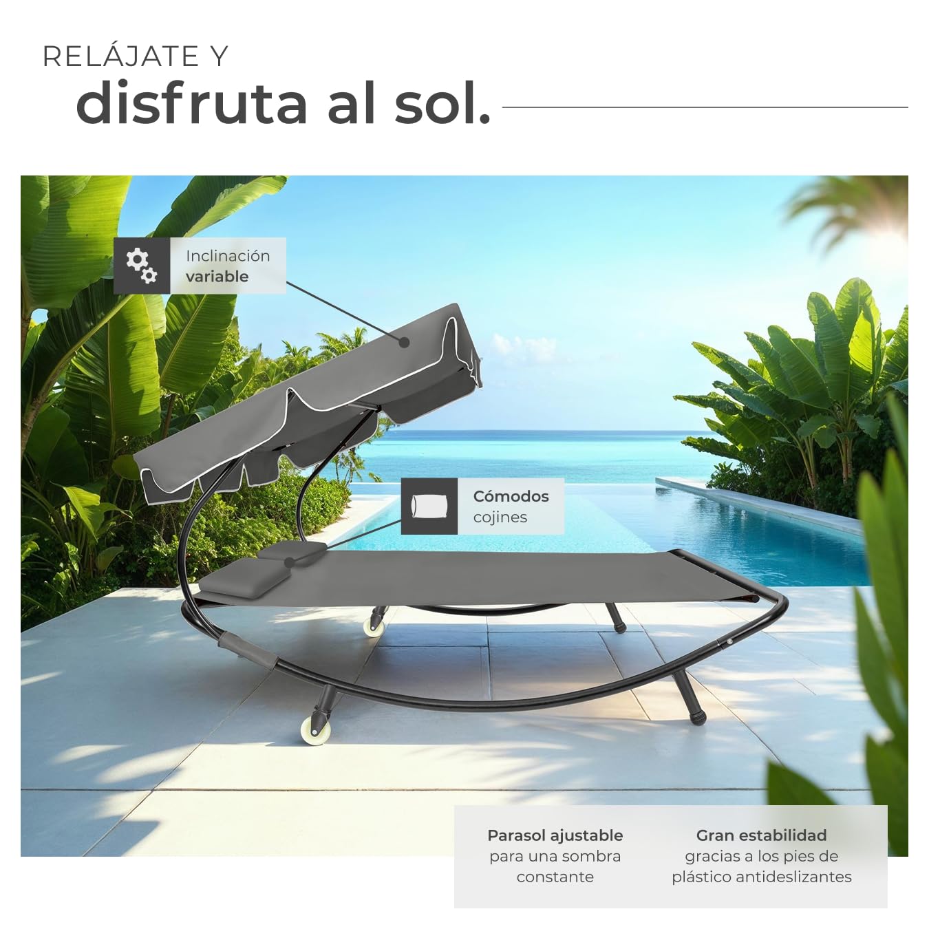 tectake® Tumbona Doble de Jardín, Tumbona de Playa con Parasol Plegable, Tumbonas de Piscina para Dos, para Jardín Exterior con 2 Ruedas y Cojines, Fácil Montaje, Interior y Exterior - Negro/Gris