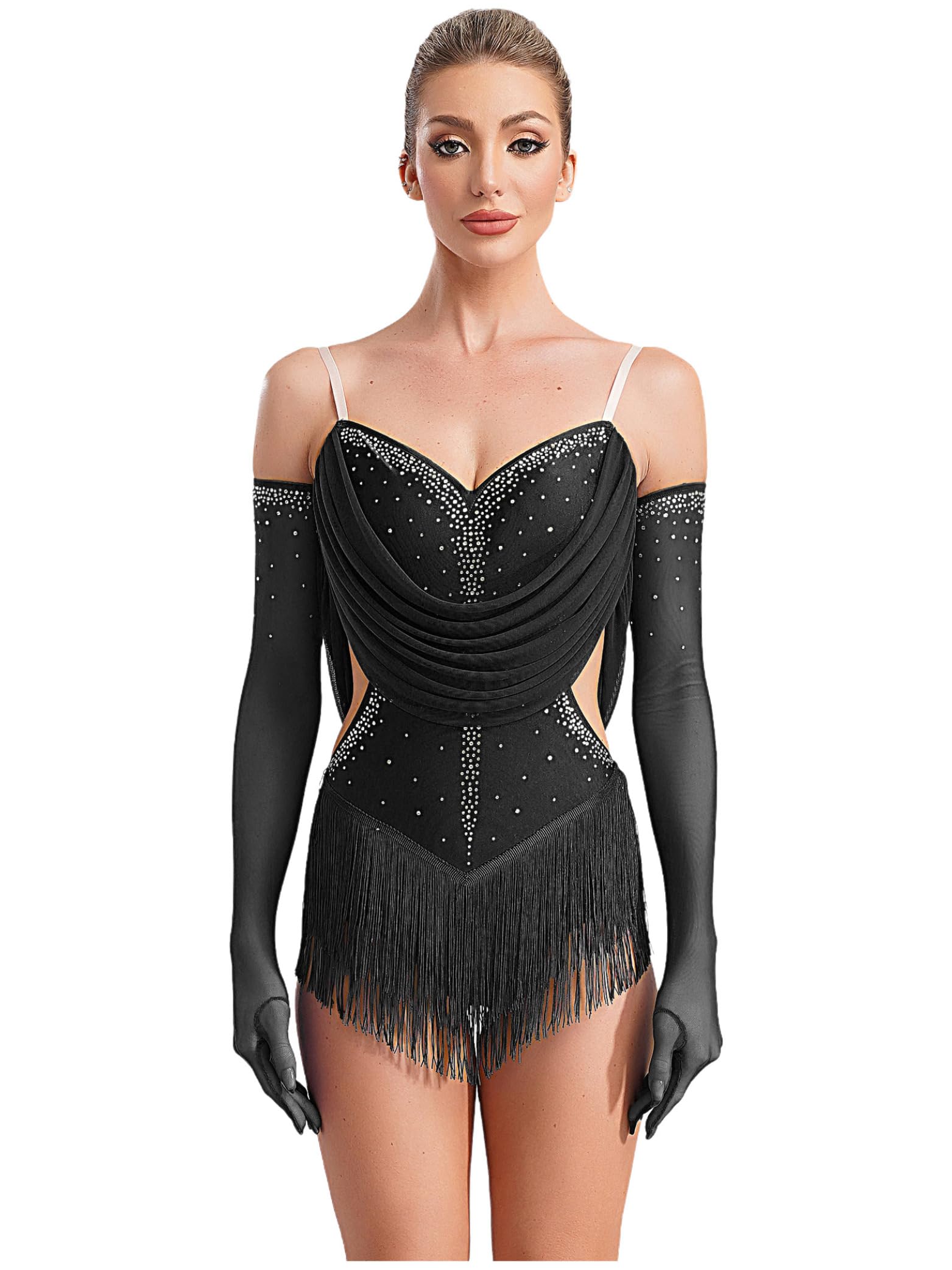 Body da donna Pattinaggio Artistico Stringato Strass con Guanti Vestito Vestito Danza Latina Costume Ginnastica Leotard Body