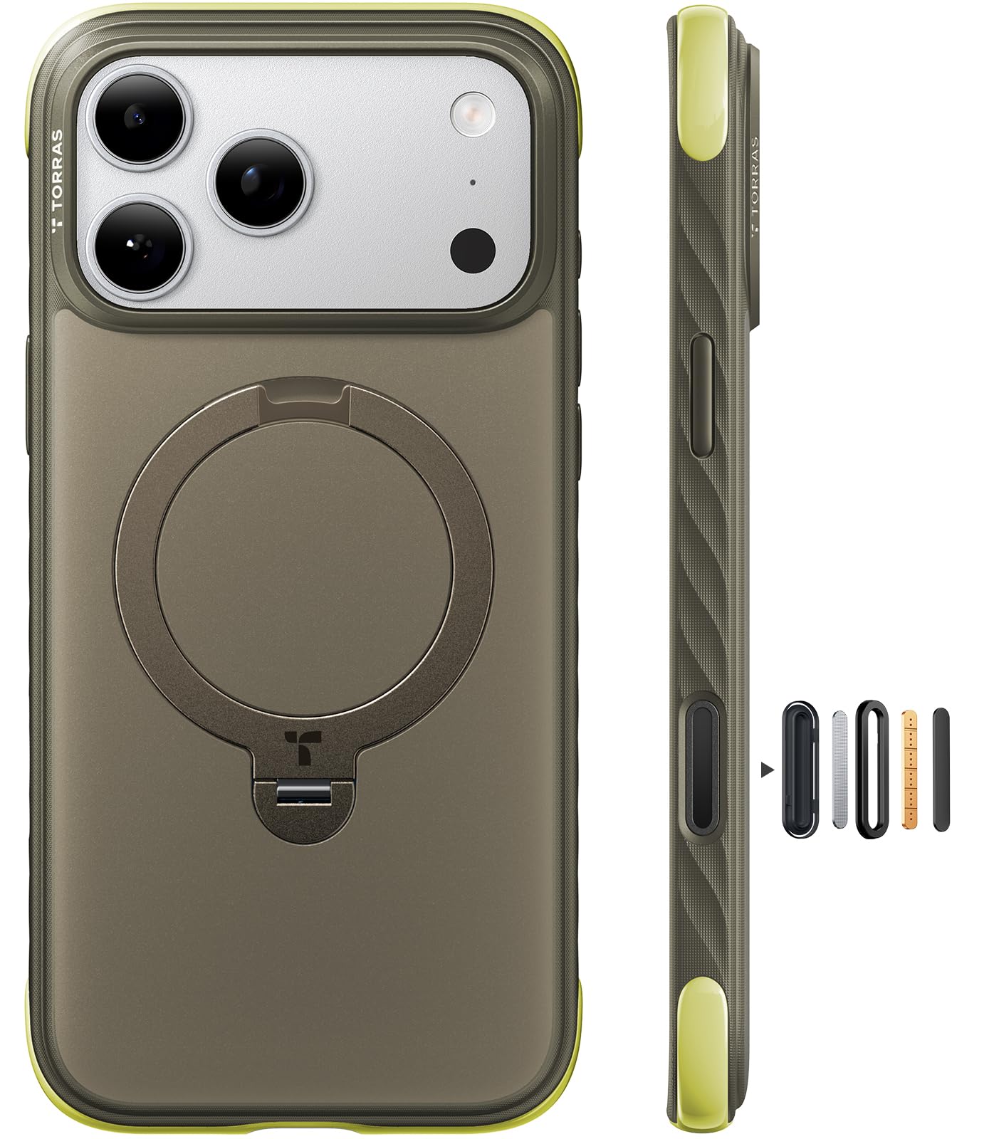TORRAS Ostand Q3 Rugg - Carcasa para iPhone 17 Pro Max, extremadamente antideslizante, soporte giratorio de 360° para MagSafe, bordes de TPU 85A que absorben los golpes, resistente protección contra
