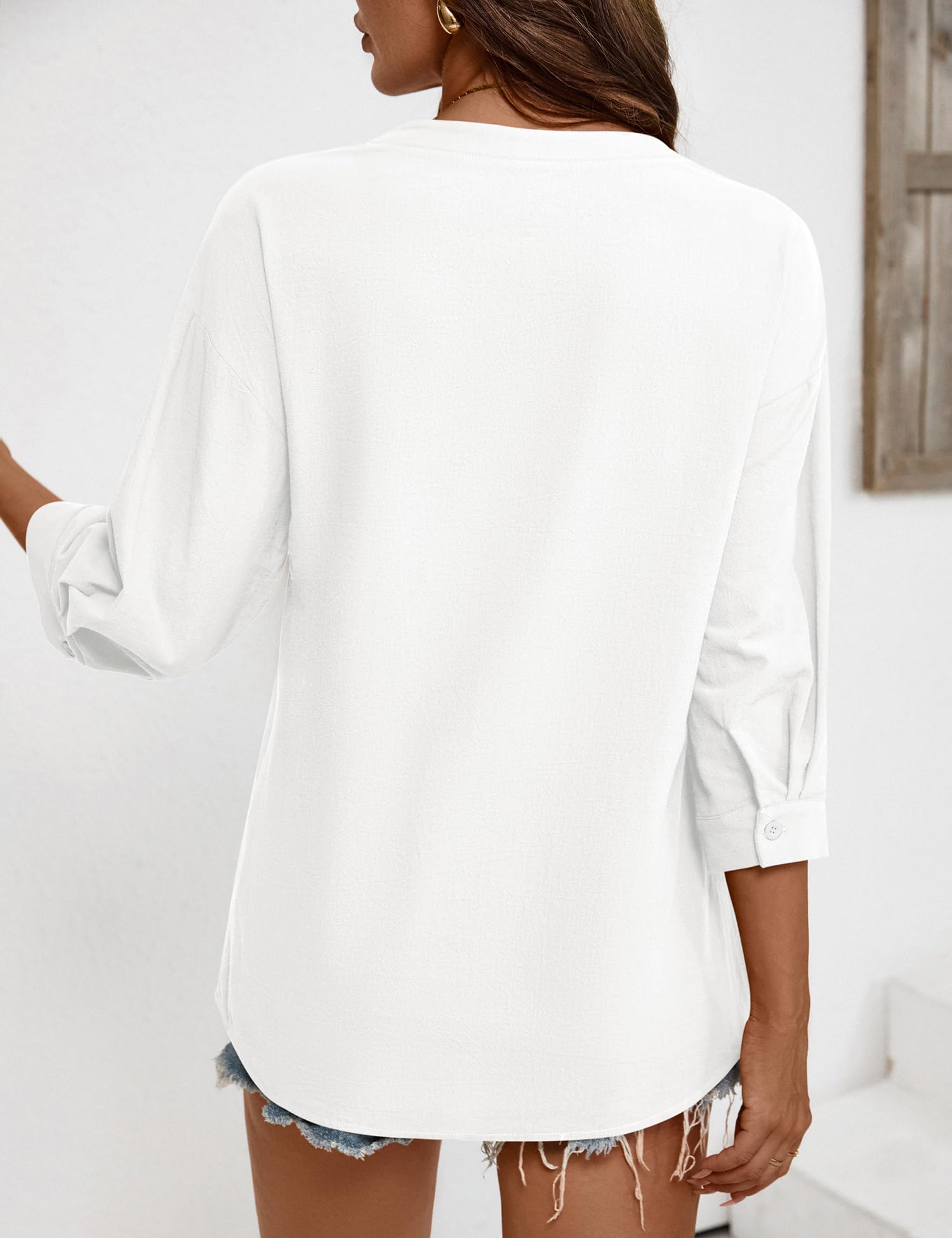 Rapbin Blusa para mujer de manga 3/4, algodón, cuello en V, con botones, túnica, informal, holgada, mangas enrollables