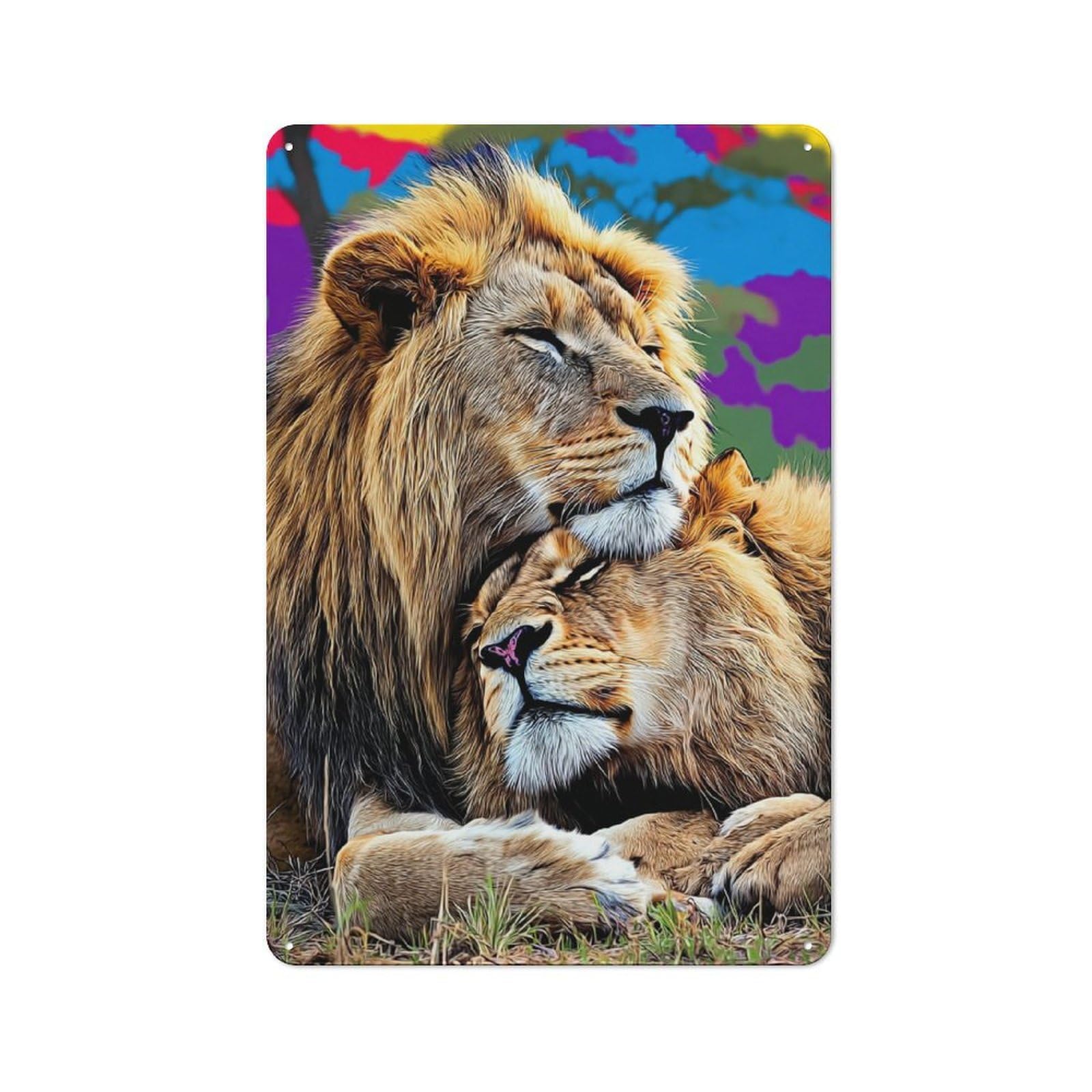 Farmhouse Metal Sign with Peaceful Lion Couple in Vibrant Landscape Design 30x20cm, Rustic Rustic Kitchen Decor for Dining Room, Cafe, Entryway Or Family Room