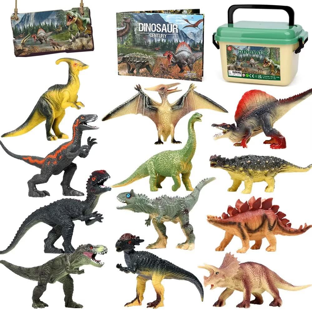 FRUSE Dinosaur Toys for Boys,12 Pcs Realistic Dinosaur Figure Toys with T-Rex,Velociraptor,Storage Box,Dino Book,Jurassic Dinosaur Toys Playset for Boys and Girls 3 4 5 6 7 year old,Green