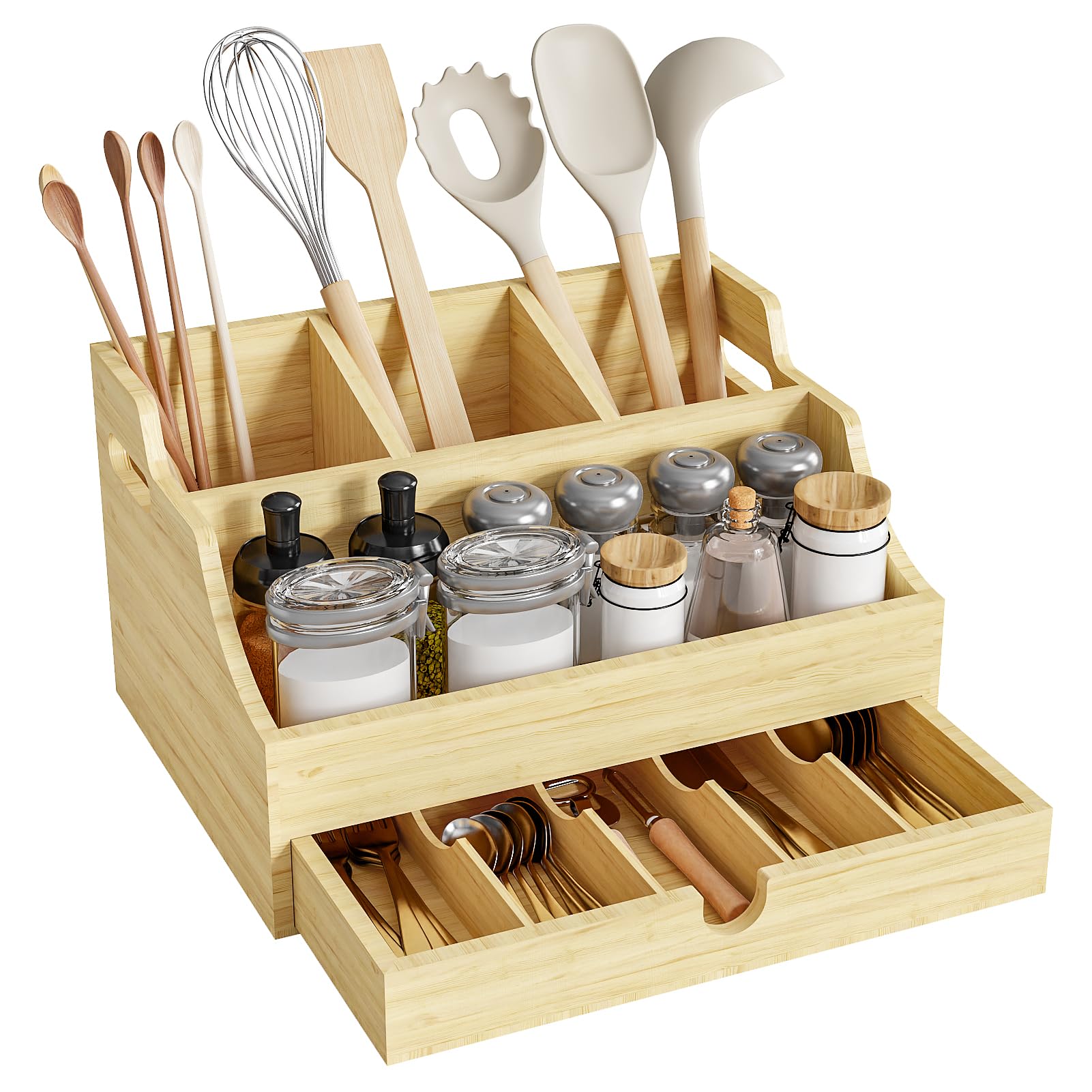 BESSIO Kitchen Utensil Holder for Countertop - Wooden Extra Large Farmhouse Utensil Caddy, Rustic Style Cooking Utensil Holder with Utensil Organizer for Kitchen Drawers and 9 Compartments