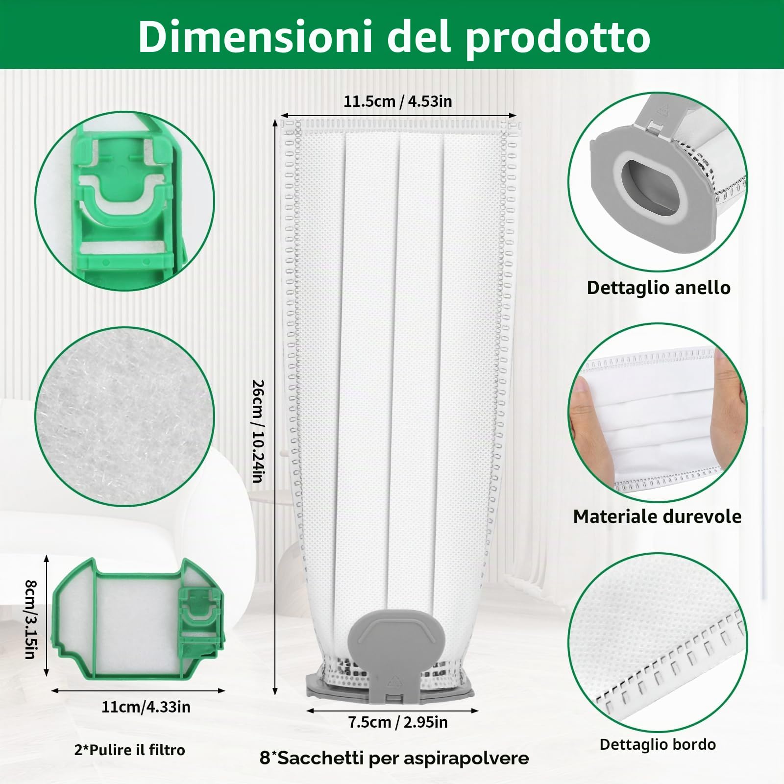 Kit 12 Sacchetti in Microfibra compatibile per Folletto VK7S VK7 FP7S FP7-12 Sacchetti Aspirapolvere + 2 Filtro Motore
