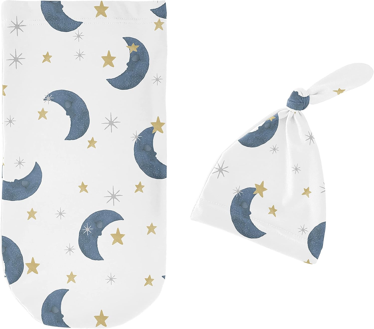 Sweet Jojo Designs Moon Star Baby Boy Girl Cocoon and Beanie Hat Set Jersey Stretch Knit Sleeping Bag Infant Newborn Nursery Sleep Wrap Sack - Navy Blue Gold Watercolor Celestial Sky Gender Neutral
