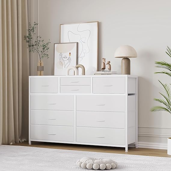 GAOMON 10 Drawers Fabric Dressers for Bedroom, Modern Chest of Drawers, Lightweight Entertainment Center with Fabric Bins for Living Room, Hallway, 45" Wide TV Stand Dressers, Wood Top, Steel Frame