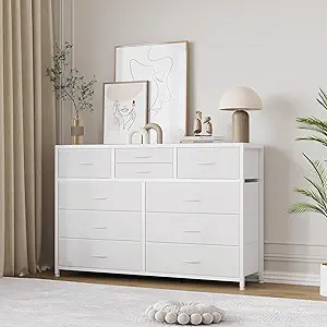 GAOMON 10 Drawers Fabric Dressers for Bedroom, Modern Chest of Drawers, Lightweight Entertainment Center with Fabric Bins for Living Room, Hallway, 45" Wide TV Stand Dressers, Wood Top, Steel Frame