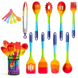 11-Piece Rainbow Silicone Spatula Bundle with Holder & Measuring Spoons – Multicolor Heat-Resistant Cooking Utensils for Nonstick Cookware – Flexible Turner, Spoon, Spatula, Brush, FDA Safe - Amazon product rated Grade B