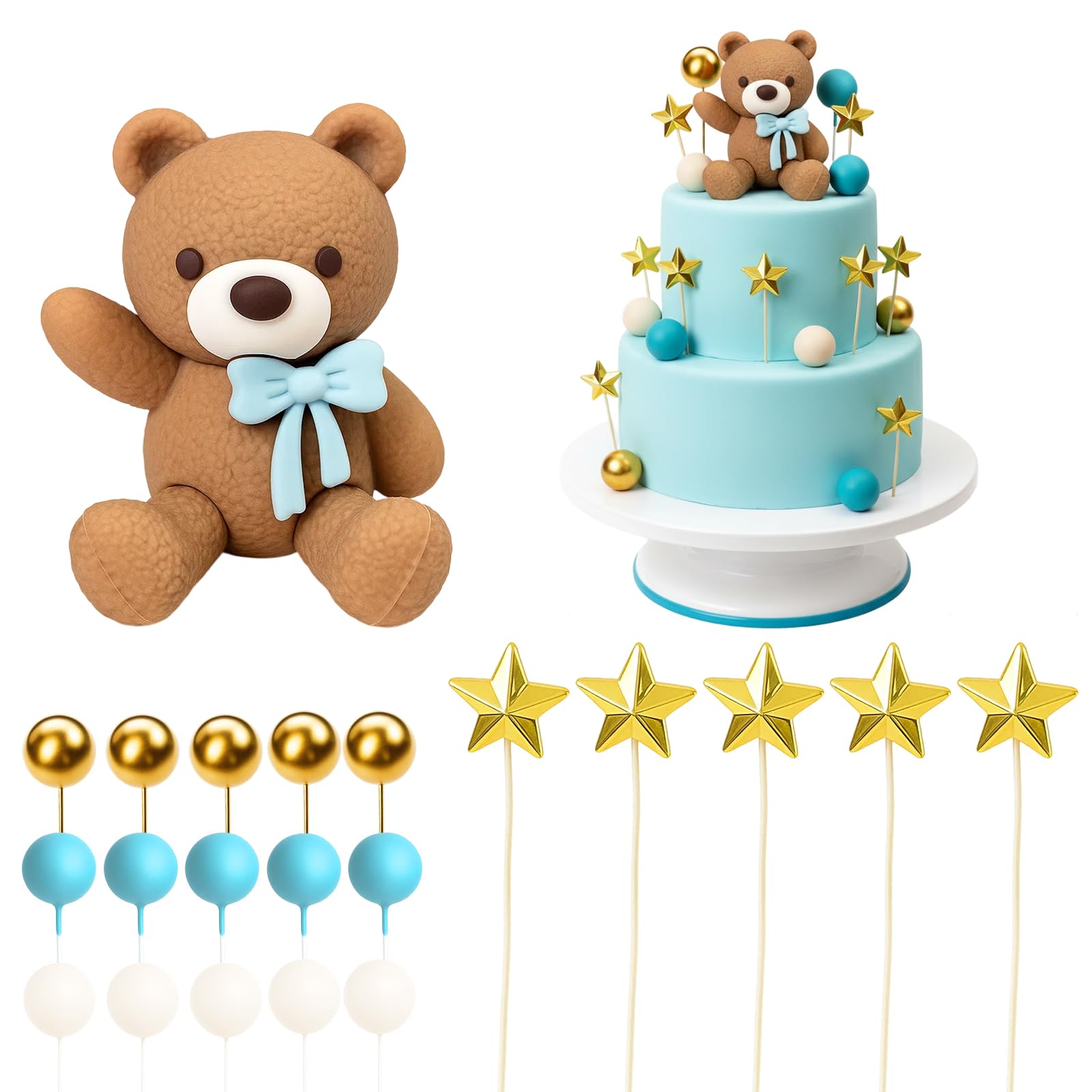 Luxury Baby Shower Bear Cake Topper Boho Style with 21pcs Beige Brown Balls Decorations, Unique Baby Shower Cake Decorations, Teddy Bear Cake Toppers for Gender Reveal & Birthday Party