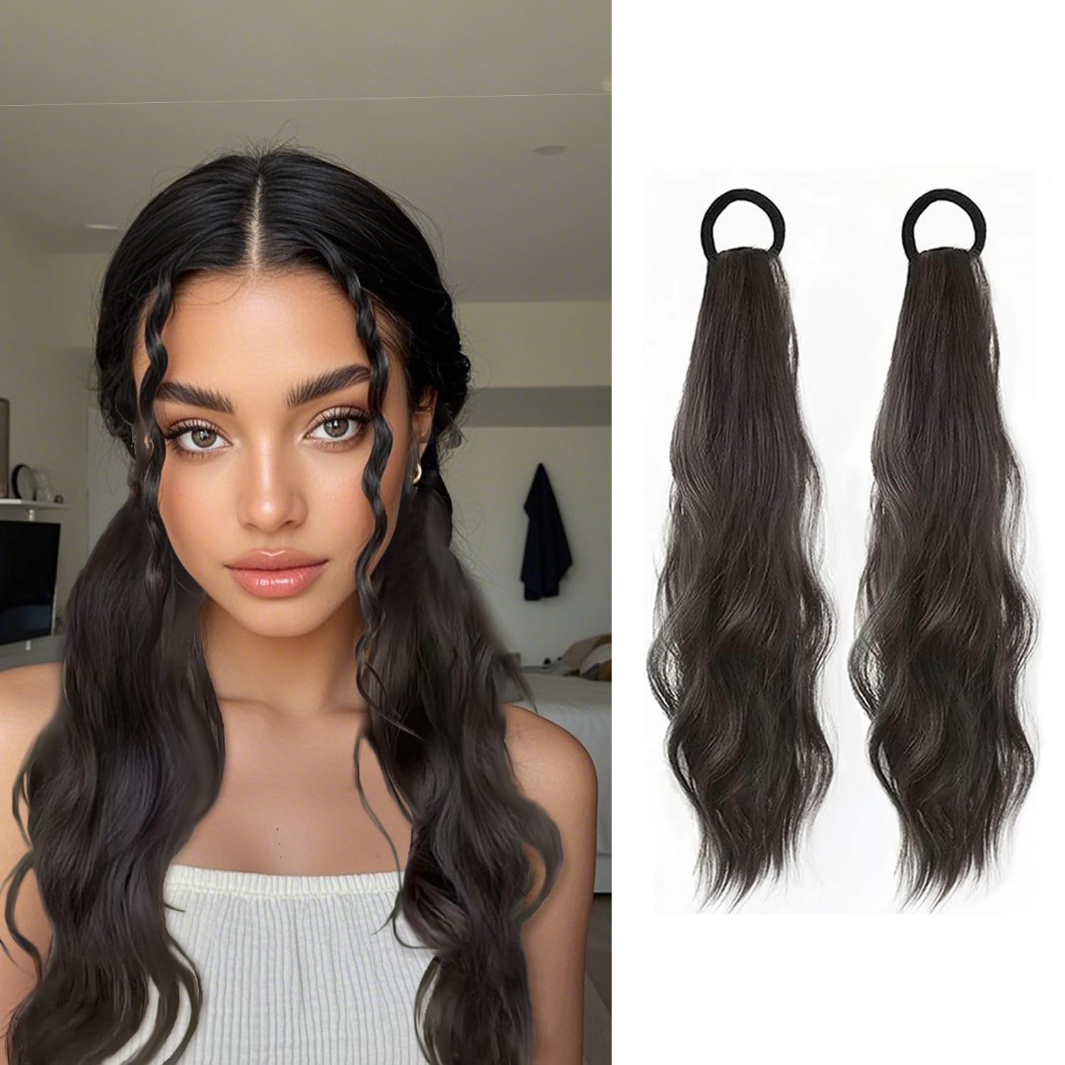 2PCS Curly Ponytail Extension with Hair Tie Hair Natural Wig Elastic Band Wave Fake Ponytail Wigs Accessories for Women Daily 17 Inch (2pcs-black)