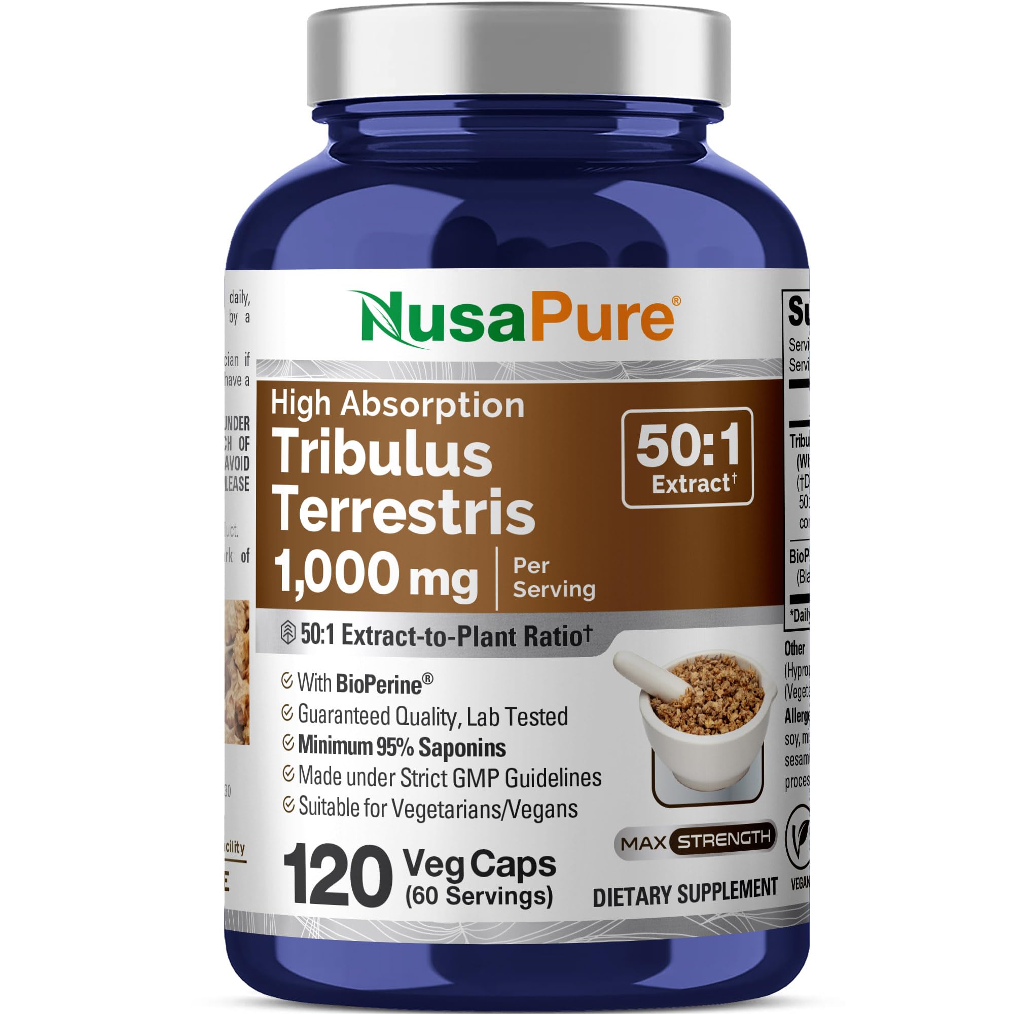 Tribulus Terrestris, Non-GMO, Vegan, 1000mg, 120 Vcapsules - 60 Servings 120 Count (Pack of 1)