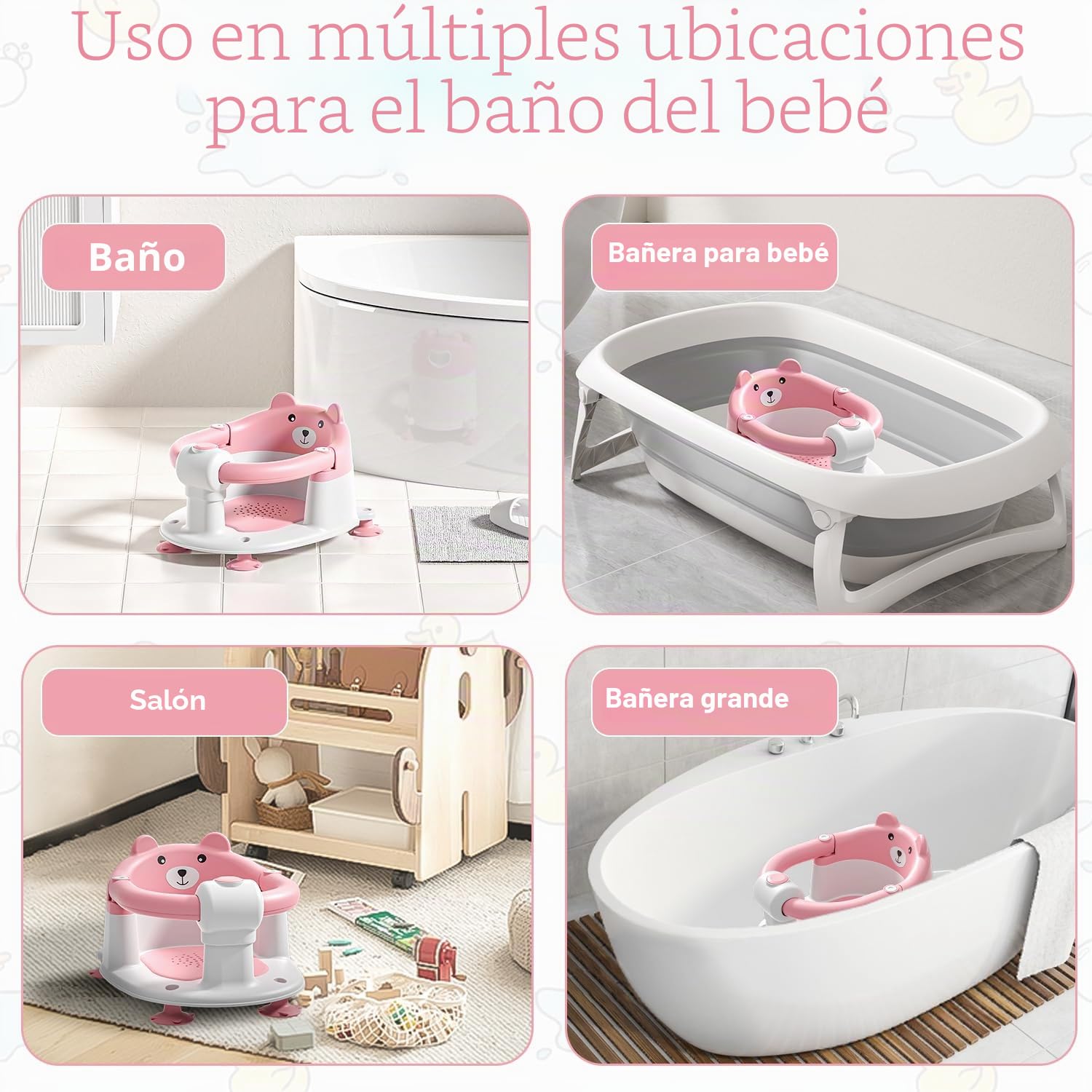 Asiento de Bañera para Bebé a Partir de 6 Meses, Asiento de Baño Antideslizante con 4 Ventosas y Cojín para Recién Nacidos, Silla Bañera Bebe Portátil Segura para la Ducha o la Bañera, Rosa