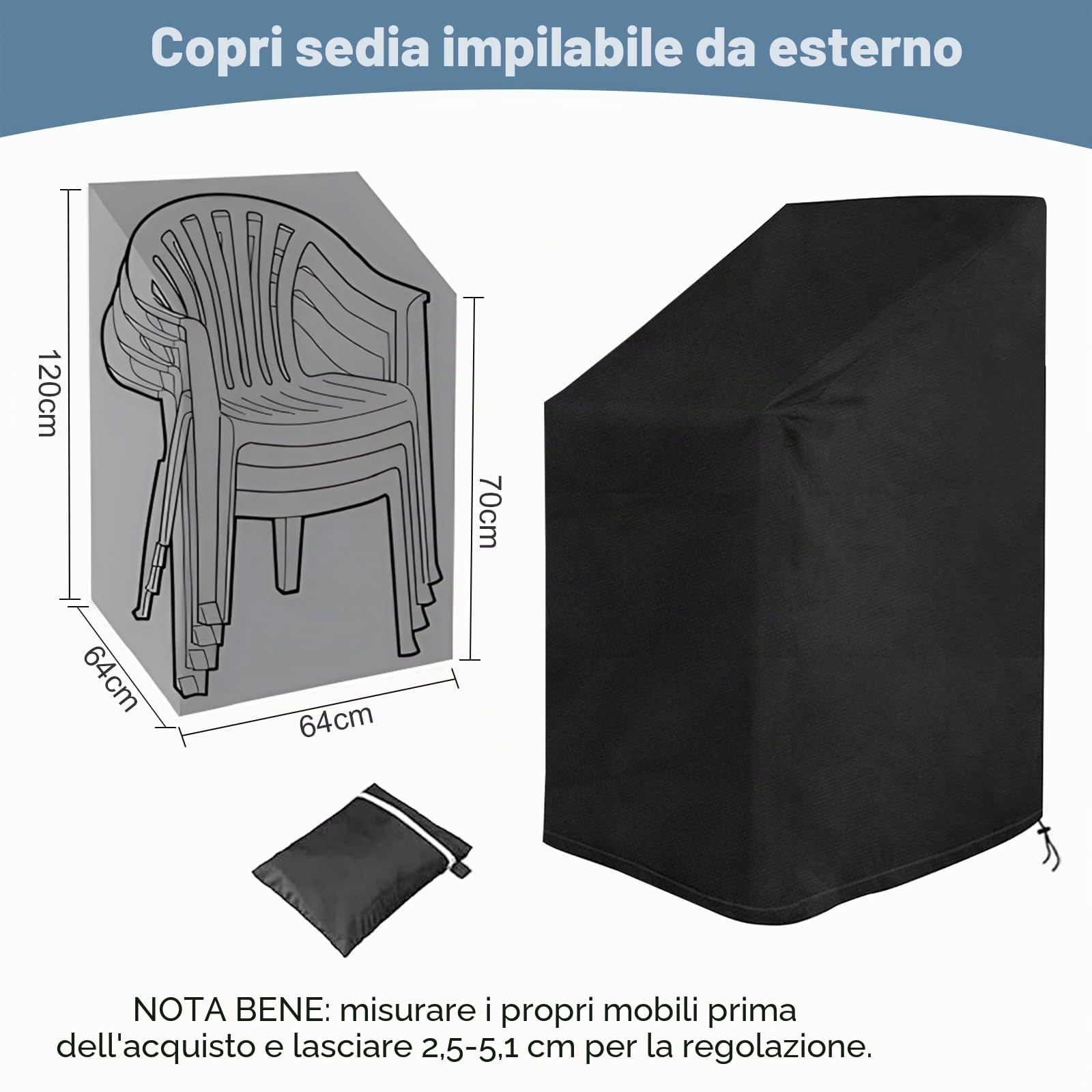 2 Pezzi Copertura Sedie Esterno Impermeabile, Copri Sedie da Giardino, Tessuto Oxford, Antivento, Anti-UV Coprisedie, Adatto per Sedie Da Giardino Impilabili - 64x64x70/120 cm