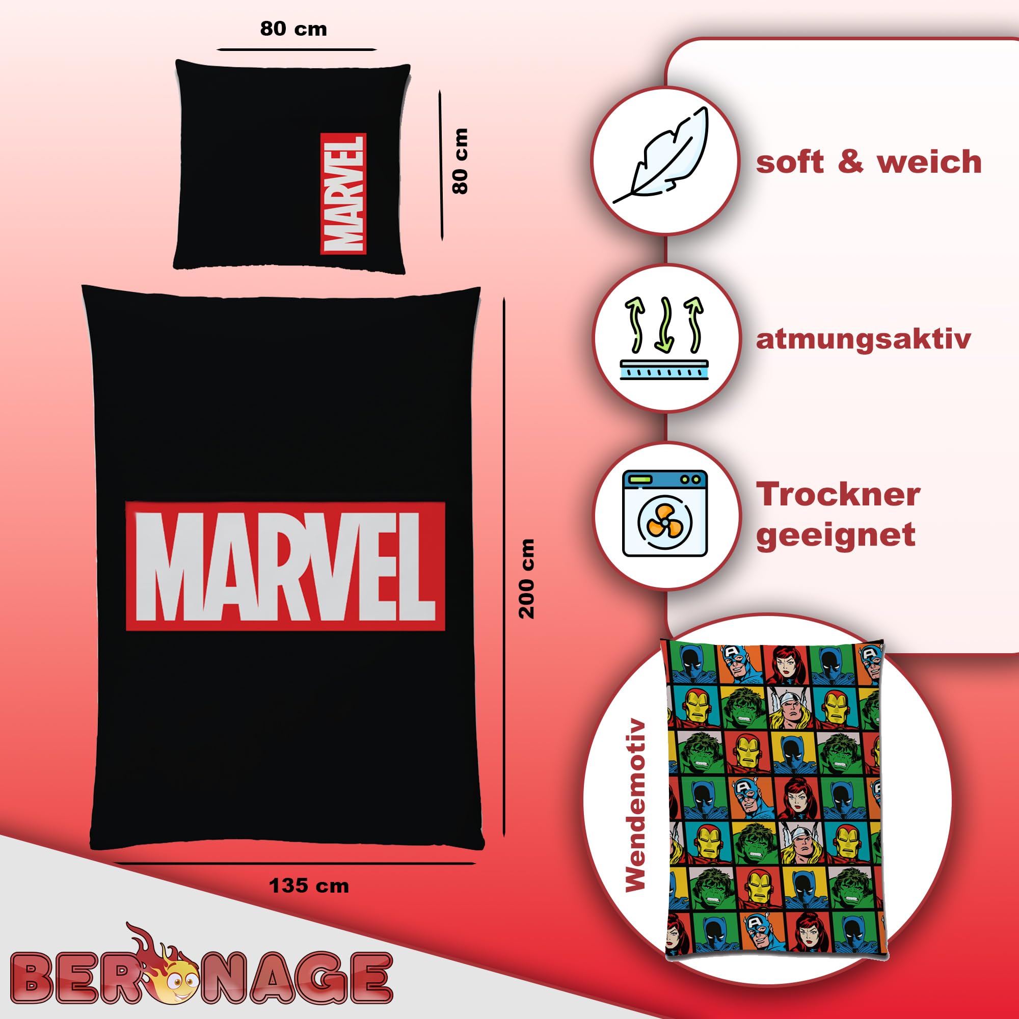 Pościel z logo Marvel 135 x 200 cm + 80 x 80 cm 100% bawełna Linon/Renforcé pościel poszwa na kołdrę MCU komiksy Iron Man Hulk Thor Kapitan Ameryka Spider-Man czarny zamek błyskawiczny