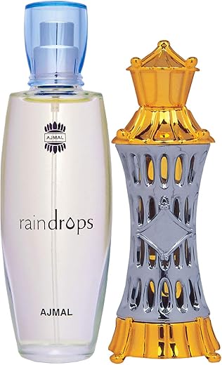 Ajmal Raindrops EDP Floral Chypre Perfume 50ml for Women and Mizyaan Concentrated Perfume Oil Oriental Musky Alcohol-free Attar 14ml for Unisex + 2 Parfum Testers FREE, Pack of 2