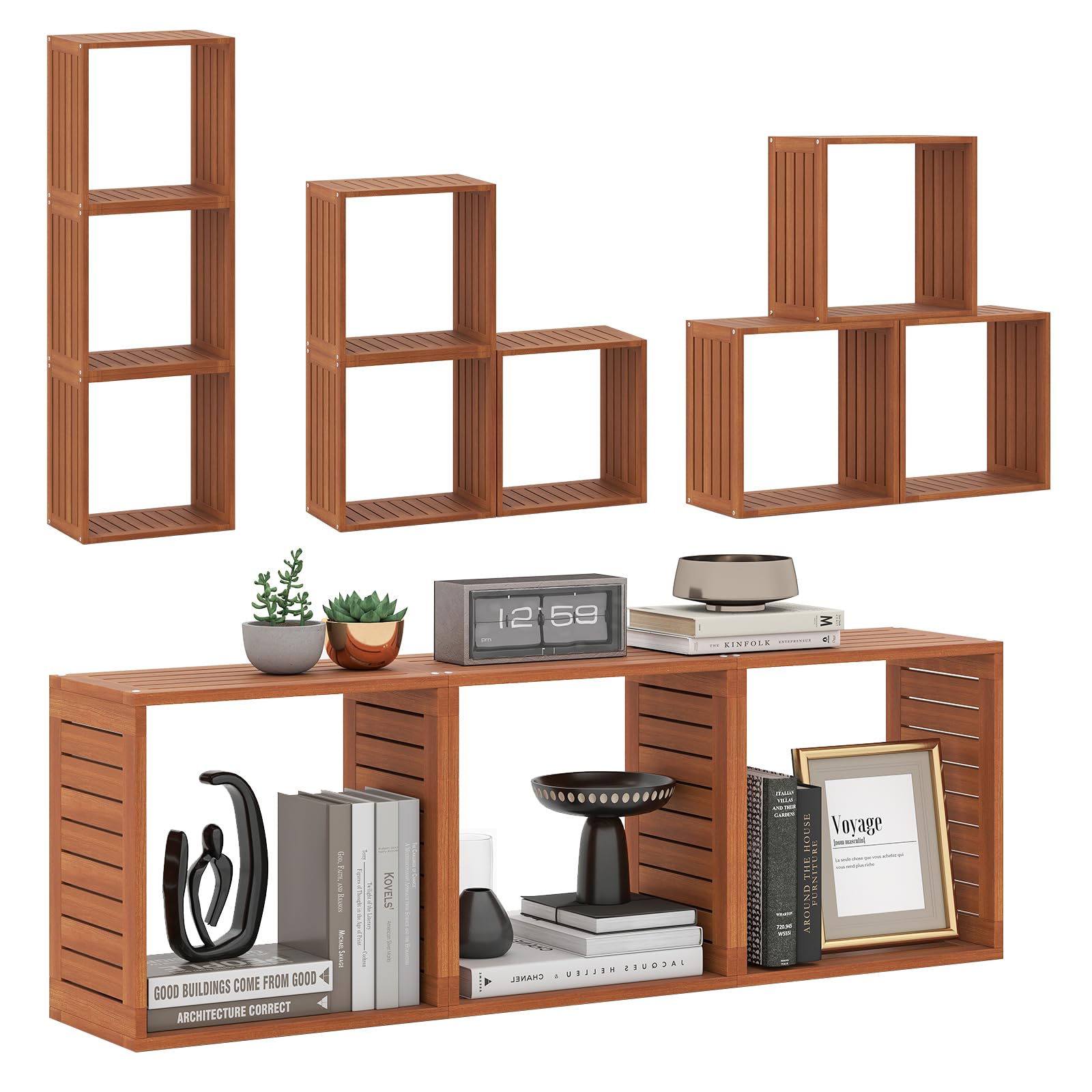 CASART 2/3-Cube Bookcase, Stackable Cube Storage Unit, Wooden Sofa Side Table Small Bookshelf for Living Room Study Bedroom (3, Teak)