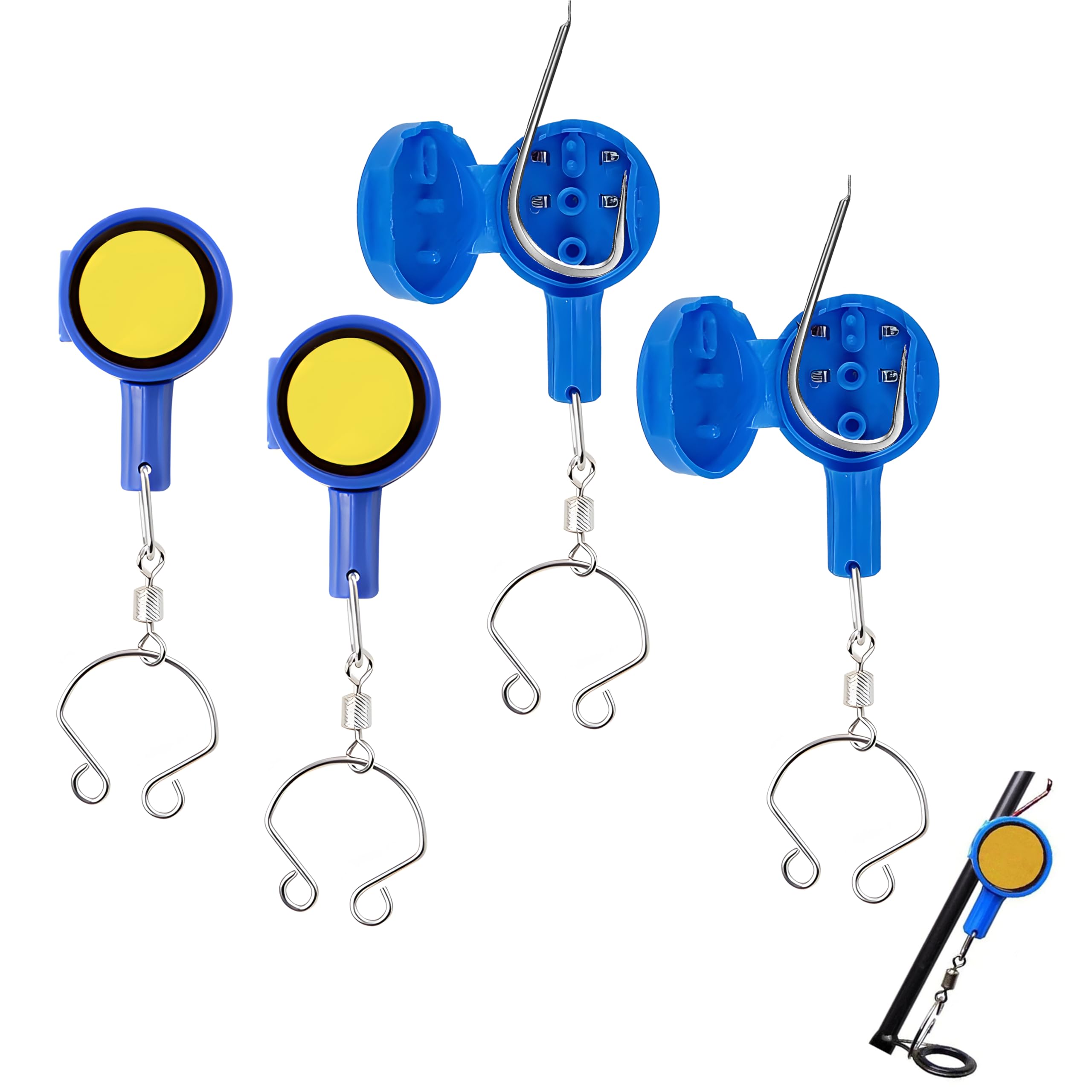 Knot Tying Tool Set with Hook Covers, 4 Pack Accessories for Sea, Carp & Fly, Fits 4/0–#28, Safe Hook Guard, Braid-to-Leader Knot Helper, Transport Fully Rigged Rods, Blue, Compact 2.5×4 cm size