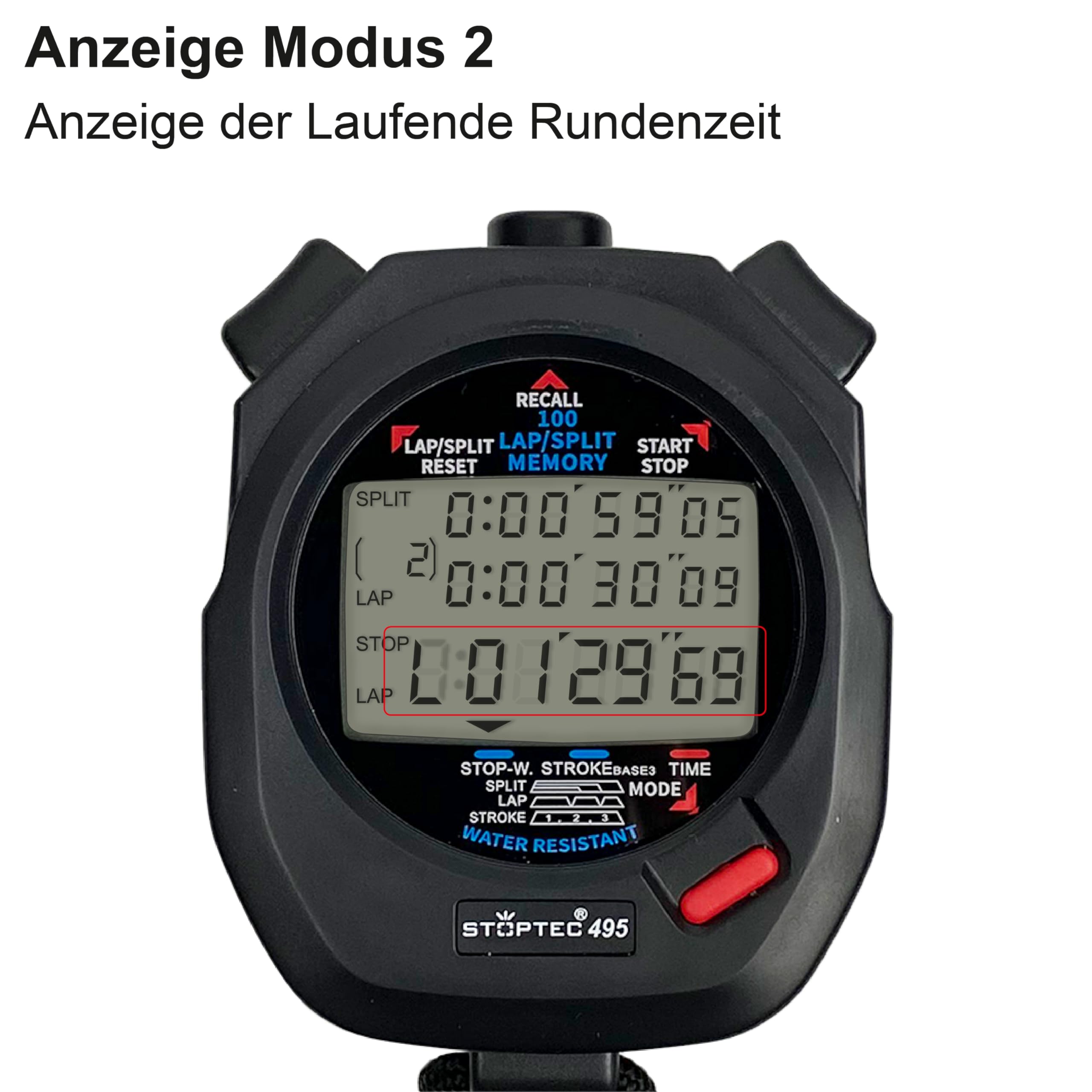 Stoptec Cronometro 495 | Display a 3 righe | 100 Memoria | Misurazione della frequenza della corsa | Ora e data | Antispruzzo | Facile sostituzione della batteria