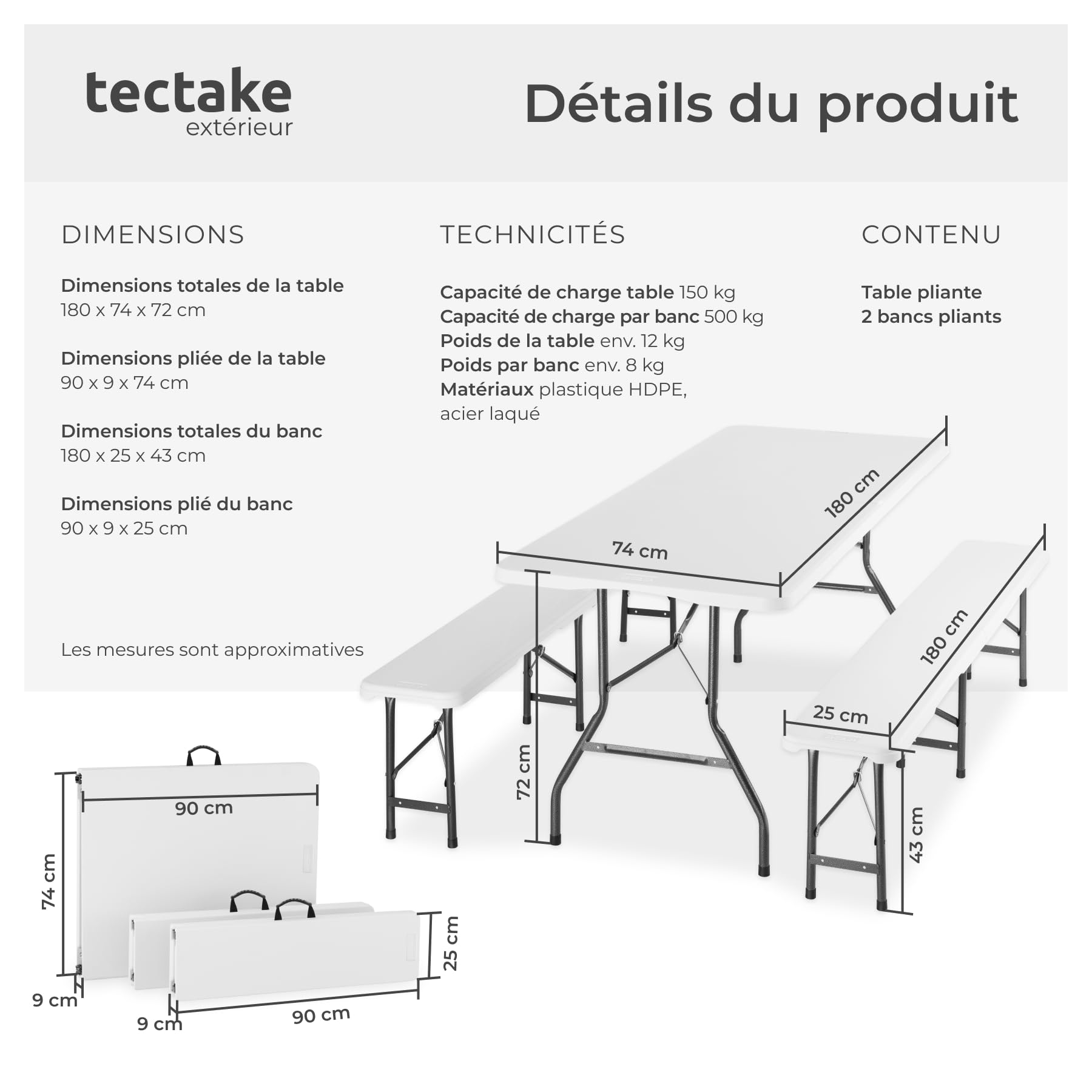 tectake® Ensemble Table de Camping et 2 Bancs, Résistant aux intempéries et Pliable, Table extérieure 180x74x72 cm, Bancs 180x25x43 cm, Mobilier de Camping 8 Personnes, Jardin, Pique-Nique - Blanc