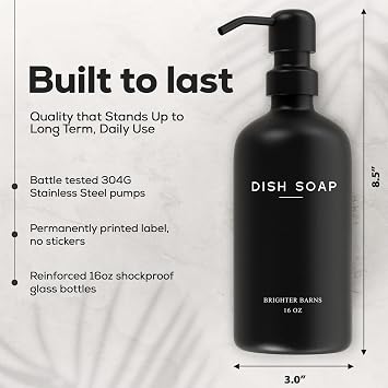 Black Glass Soap Dispenser Set by Brighter Barns - Hand and Dish Soap Dispenser for Kitchen Sink - Kitchen Soap Dispenser Set & Pump - Farmhouse Kitchen Decor, Bathroom Decor & Accessories (Black)