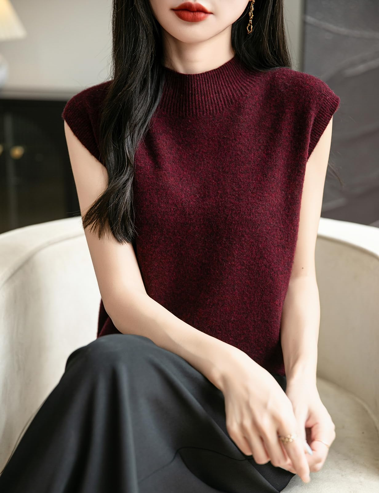 Chanyarn Donna 100% Lana Merino Primavera Autunno Inverno Prima Linea Pronto da Indossare Collo Alto Senza Cuciture Maglia Senza Maniche Maglione Gilet