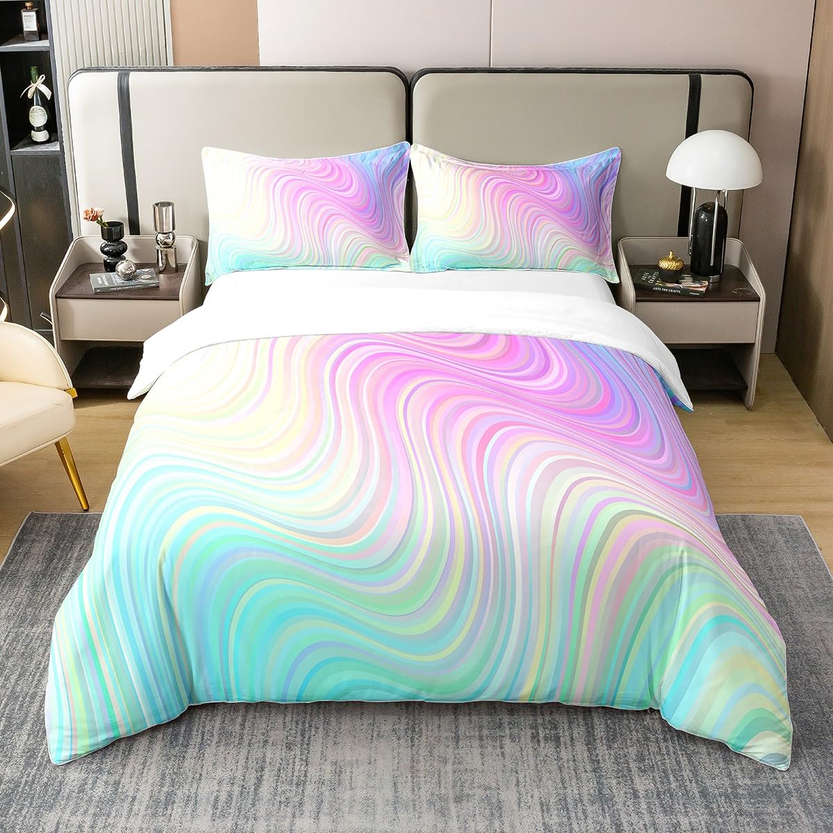 100% Baumwolle Pastell Regenbogen Bettwäsche Set 200x200 Abstrakte Wellen Streifen Bettbezug Helle Türkis Blau Rosa Lila Marmor Trendy Tröster Abdeckung Psychedelic Frauen Quilt Cover Zimmer Dekor
