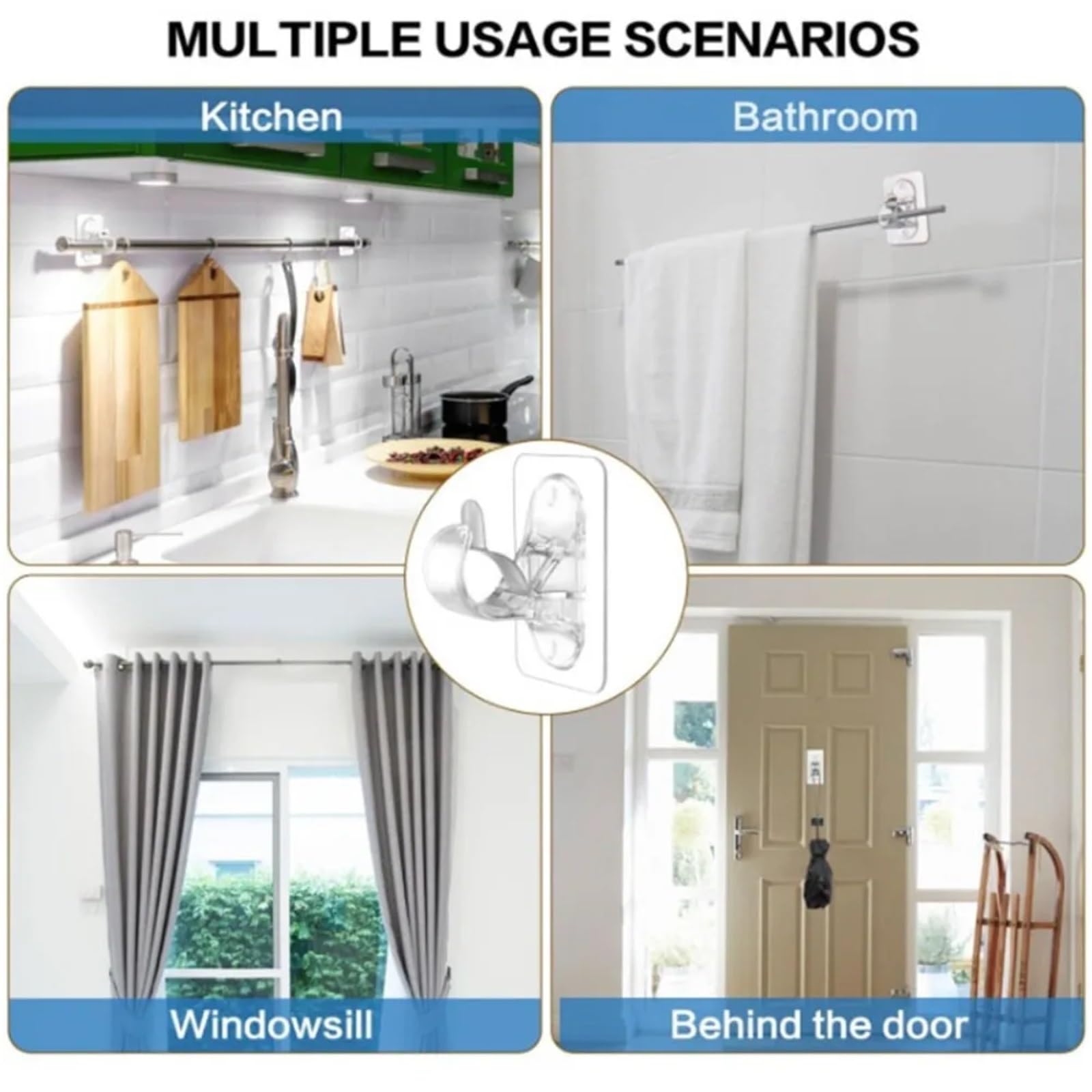 Lot de 20 supports de tringle à rideaux auto-adhésifs universels sans perçage pour salle de bain et chambre à coucher