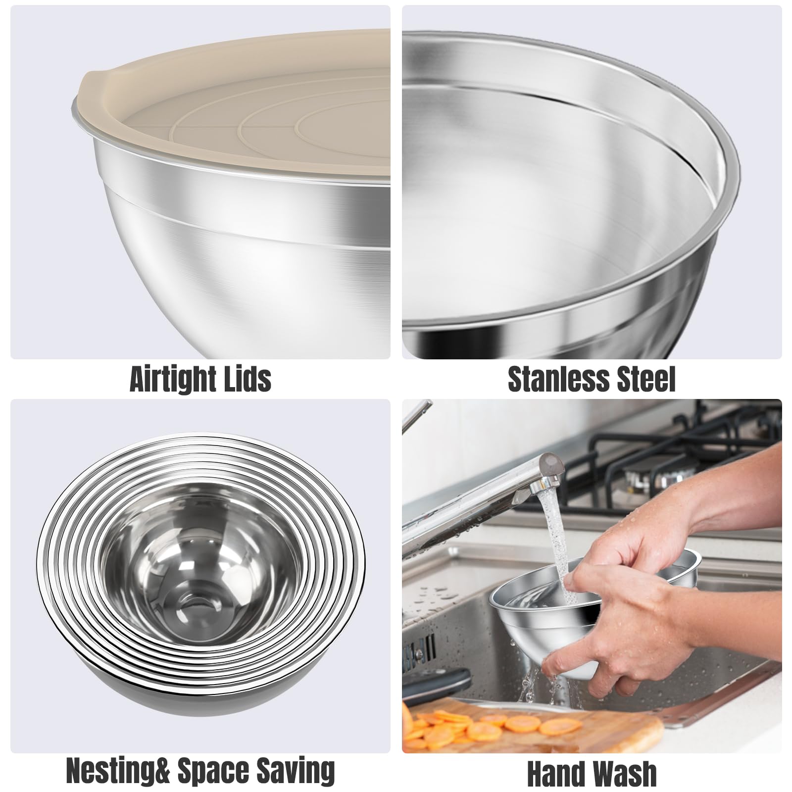 ENVTEK 7-teiliges Rührschüssel-Set aus Edelstahl mit Deckel und 3 Reibeaufsätzen - Größe 4,5, 4, 3,5, 2,1, 1,5, 1,1, 0,7QT, Küchenhelfer-Set zum Kochen, Backen und Servieren, Khaki