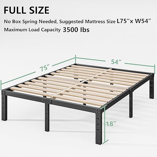 Miniatura 3 de Marco de cama de metal de 18 pulgadas con listones de madera resistentes, no necesita somier, plataforma duradera y resistente, tamaño matrimonial,