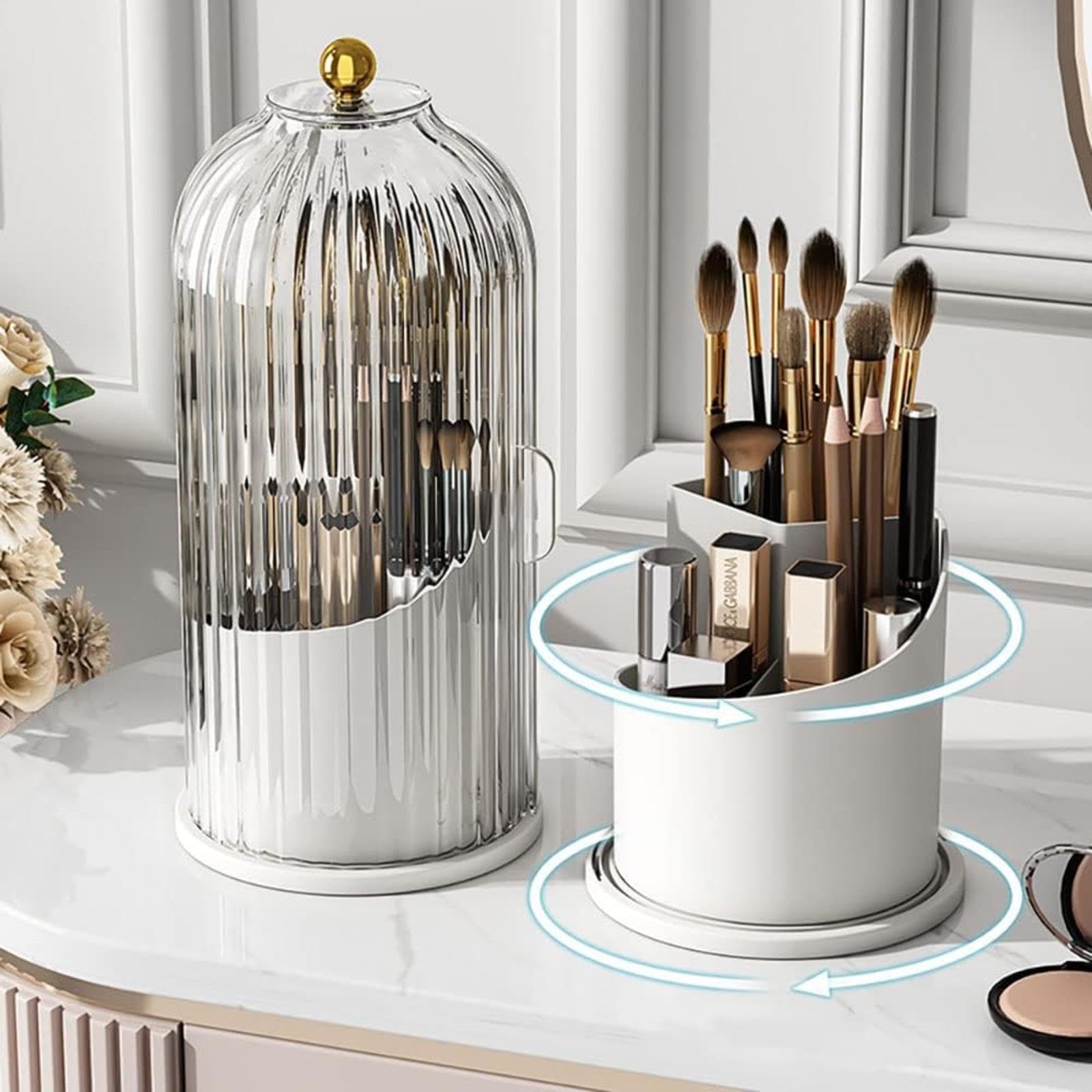 VIDECOR Porta Pennelli da Trucco Girevole a 360° con Coperchio Organizzatore Girevole per Rossetto Eyeliner Ombretto Portamatite per Sopracciglia Scatola Portaoggetti,D