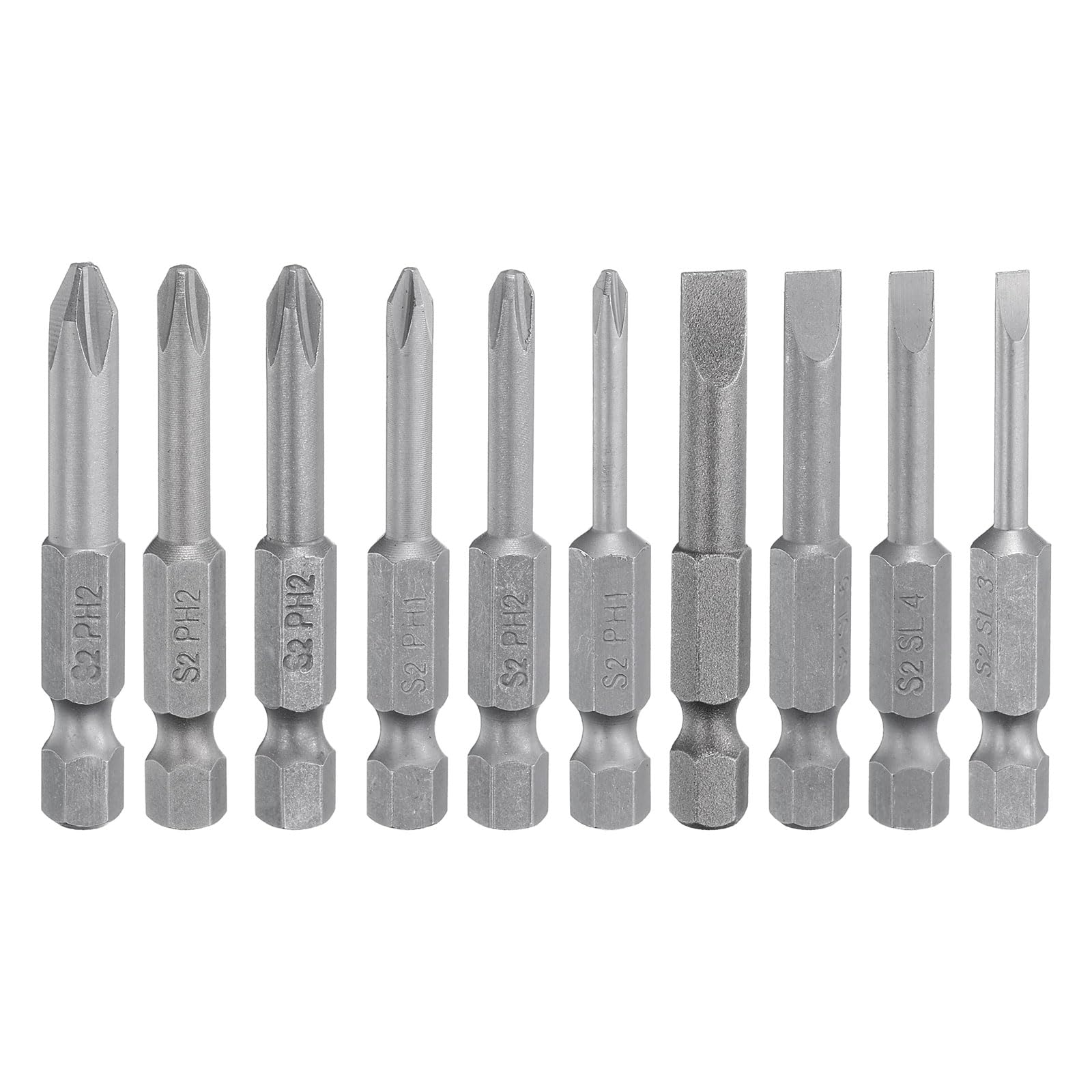 sourcing map 10pcs Slotted Phillips Screwdriver Bit Set SL3/4/5/6 PH1(3.0/4.0) PH2(4.0/4.5/5.0/6.0) S2 Steel 1/4" Hex Shank 2" Length Magnetic Flat Cross Head Power Drill Bits
