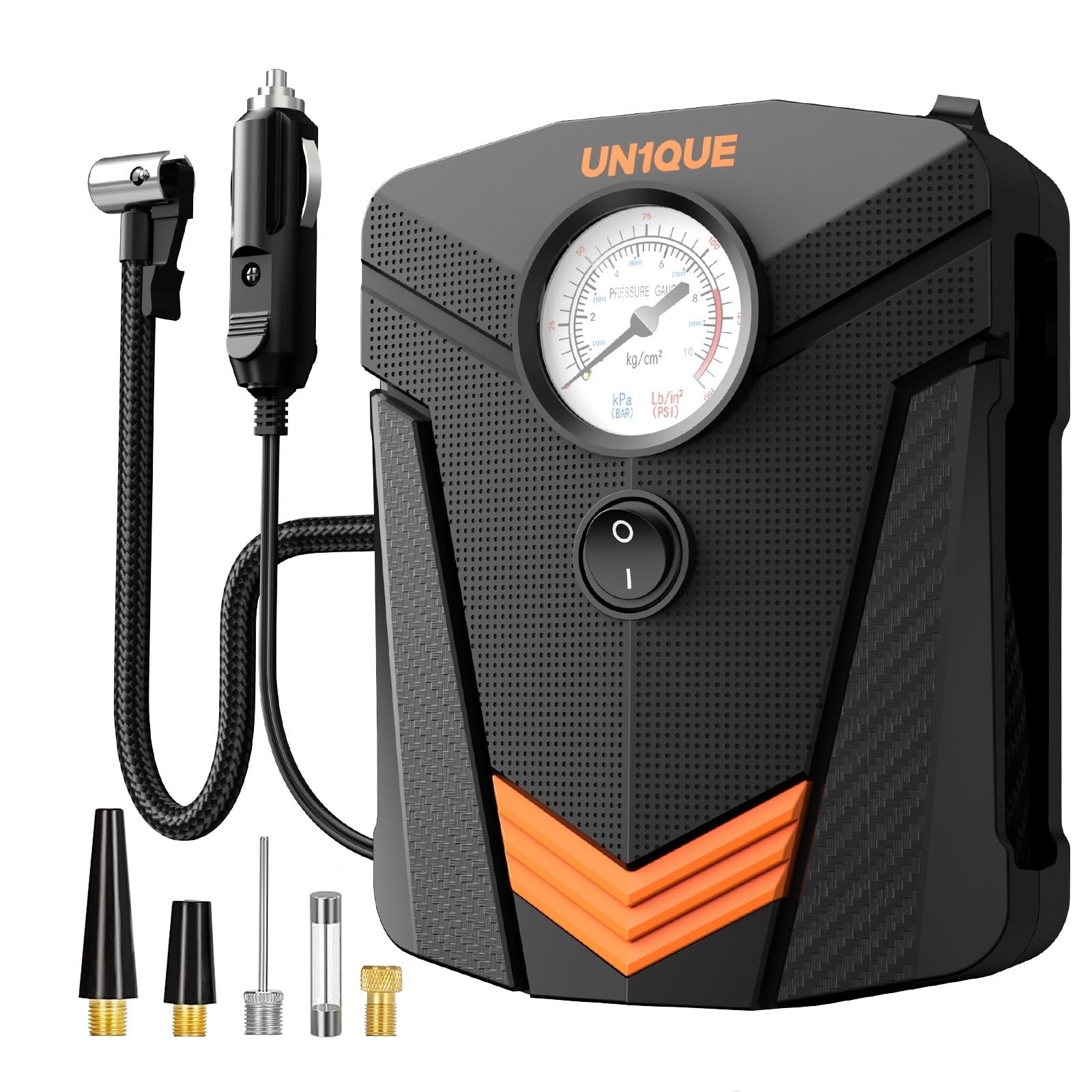 UN1QUE Tyre Inflator for Car, 150PSI Car Air Pump, 12V DC Portable Air Compressor for Tyre, Fast Inflation Speed Inflator Pump with LED Light