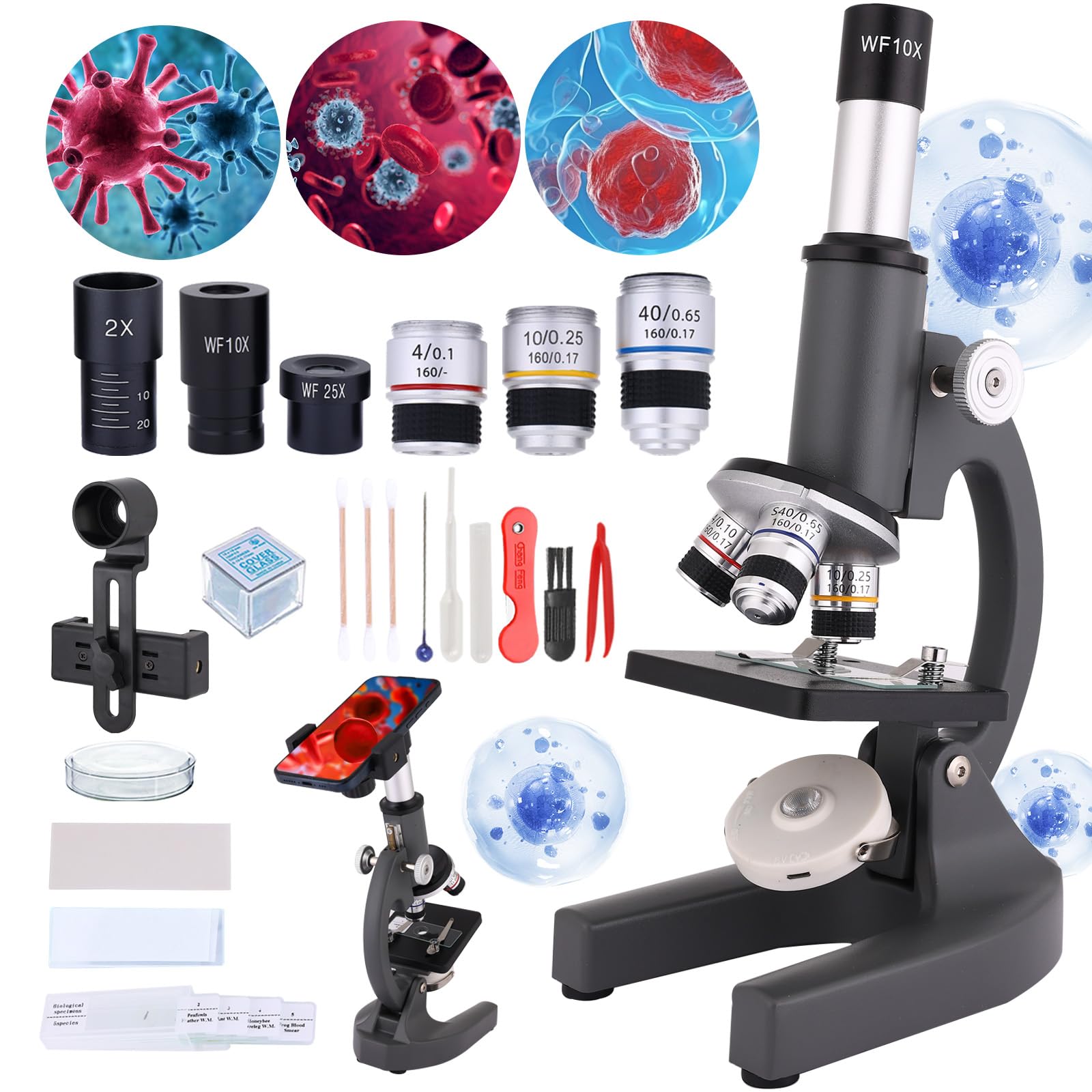 Gray 40-2000X Magnification Compound Microscope for Adults Kids with Slides, Fill Light - Suitable for Children, Students, Home, School, Laboratory Kit
