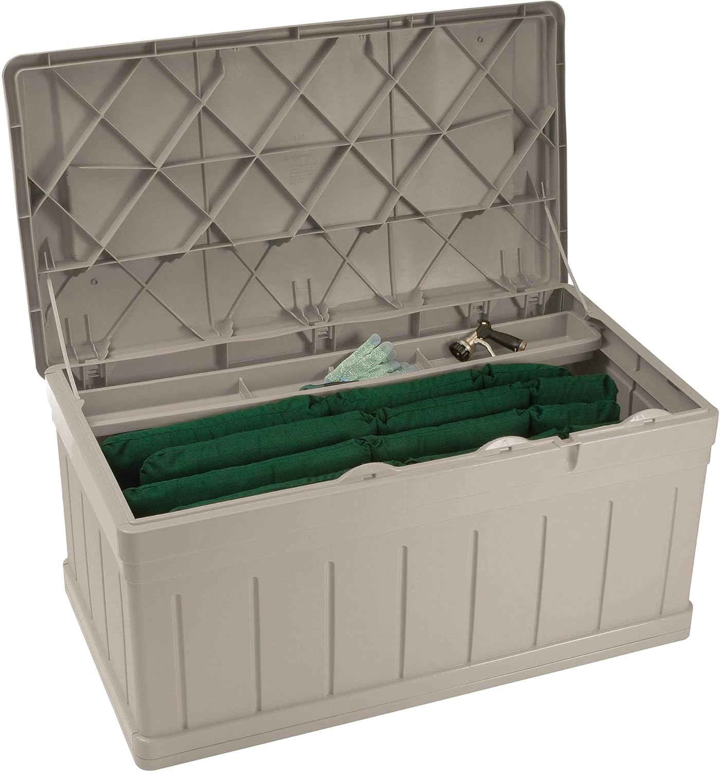 Suncast 129 Gallon Deck Box, open view with cushions