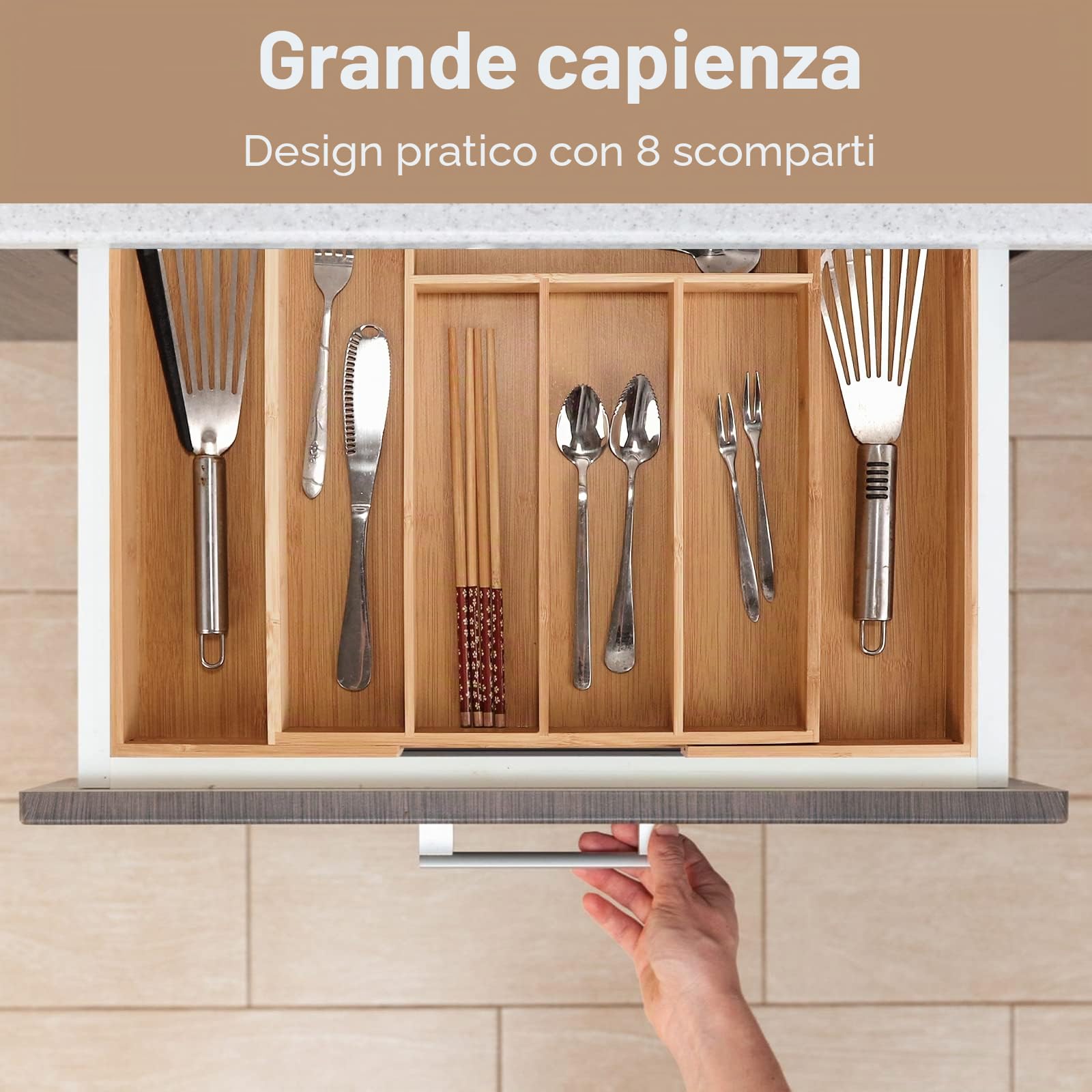 Portaposate da Cassetto in bambù, cassetto regolabile da 6 a 8 scomparti, organizer per posate e portaposate, organizer per utensili da cucina e posate