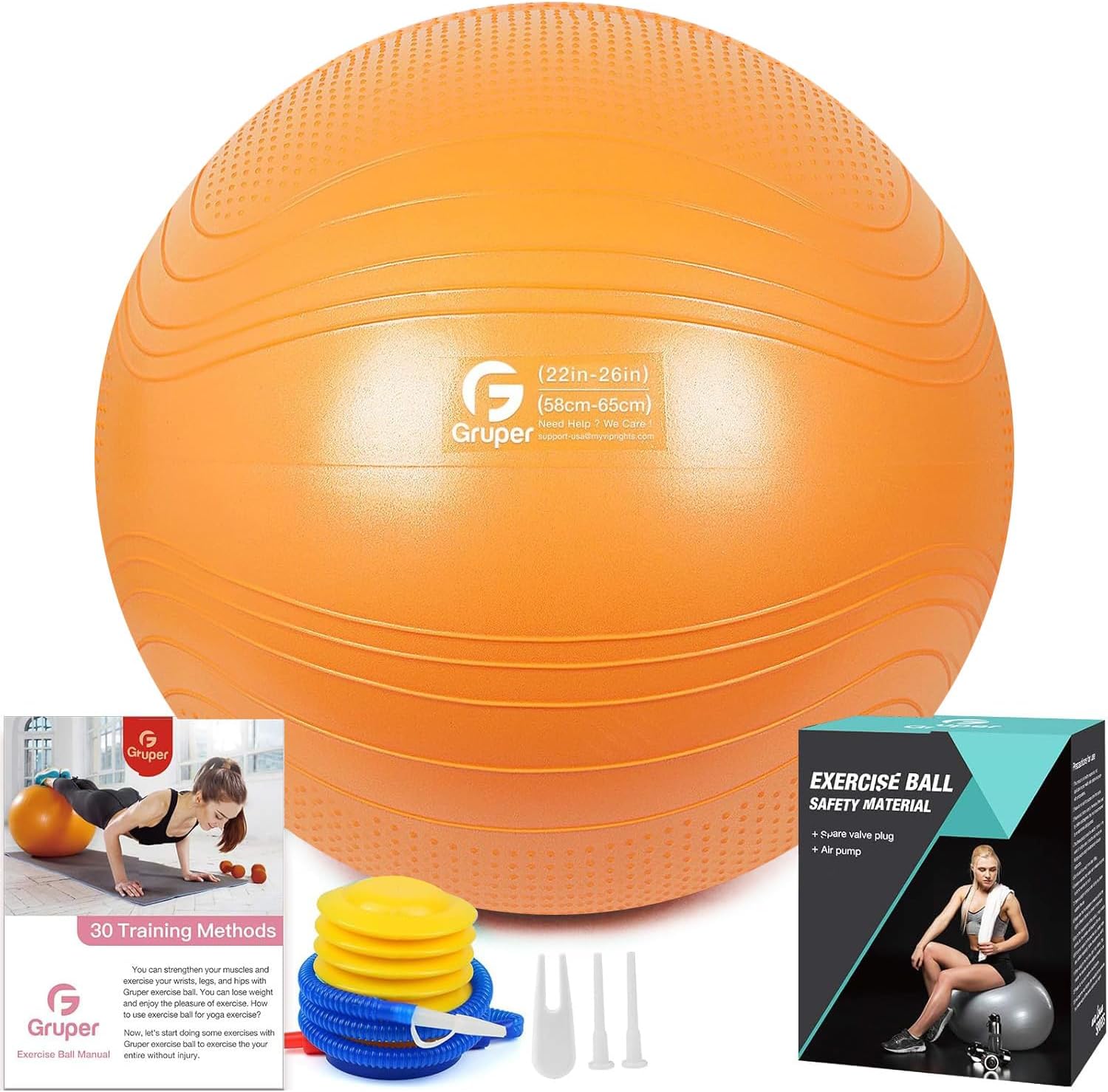 Yoga Ball, 55-75cm Extra Thick Exercise Ball for Workout Fitness Balance, Anti Burst Chair for Home and Office Desk,Includes Hand Pump & Workout Guide Access (Orange, 26 inch (65cm),L)