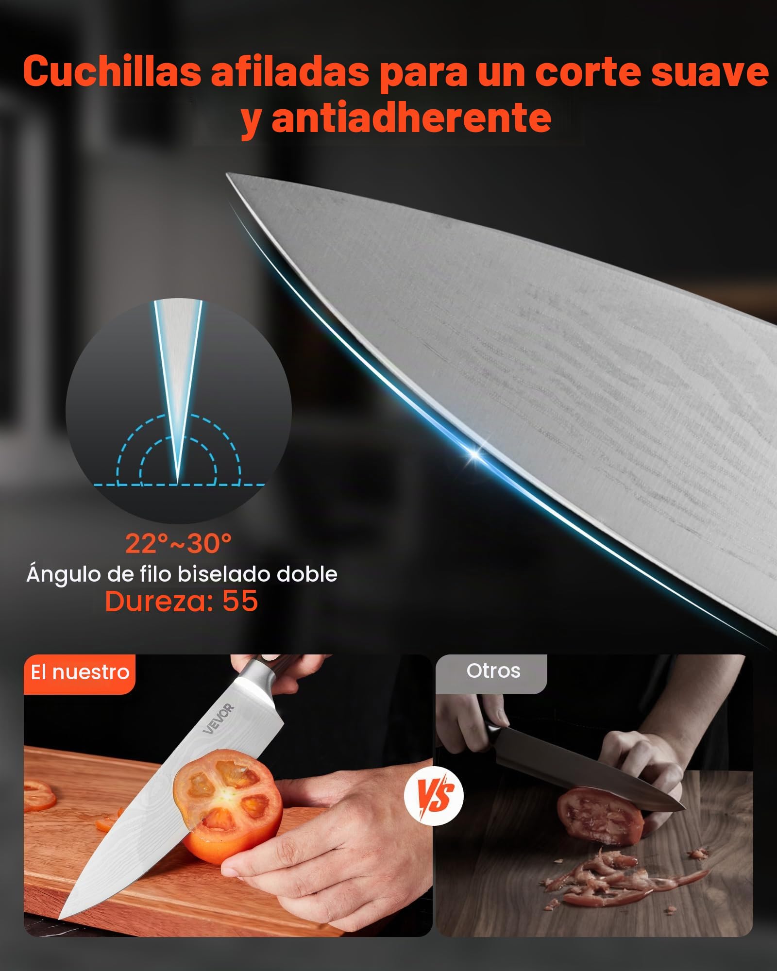 VEVOR Juego de Cuchillos de Acero Inoxidable de Alto Carbono, con Bloque de Madera y Afilador, 15 Piezas, con Mango Ergonómico, para el Hogar, Diseño con Bordes Redondeados, 131 x 195 x 345 mm