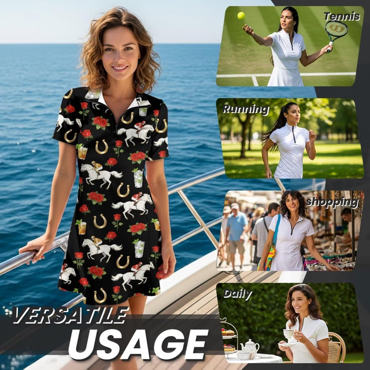 Womens Tennis Dress with Built in Shorts Pockets Workout Headbands Short Sleeve Athletic Dress Exercise Golf Outfit