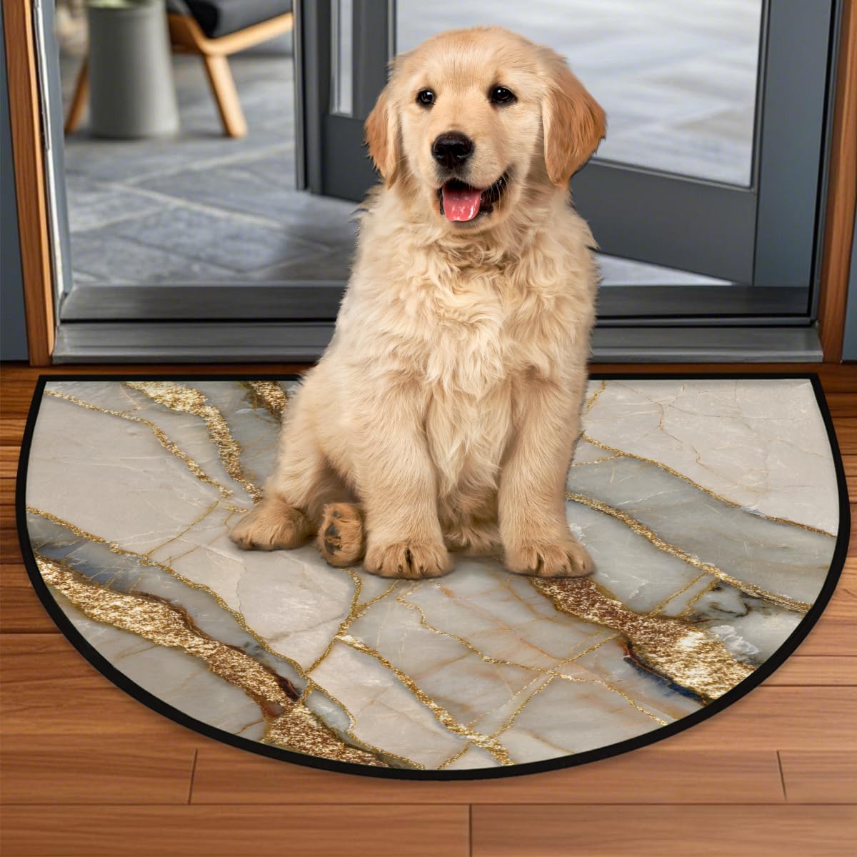 Felpudo semicircular Lavable Antideslizante de mármol Beige Dorado para
