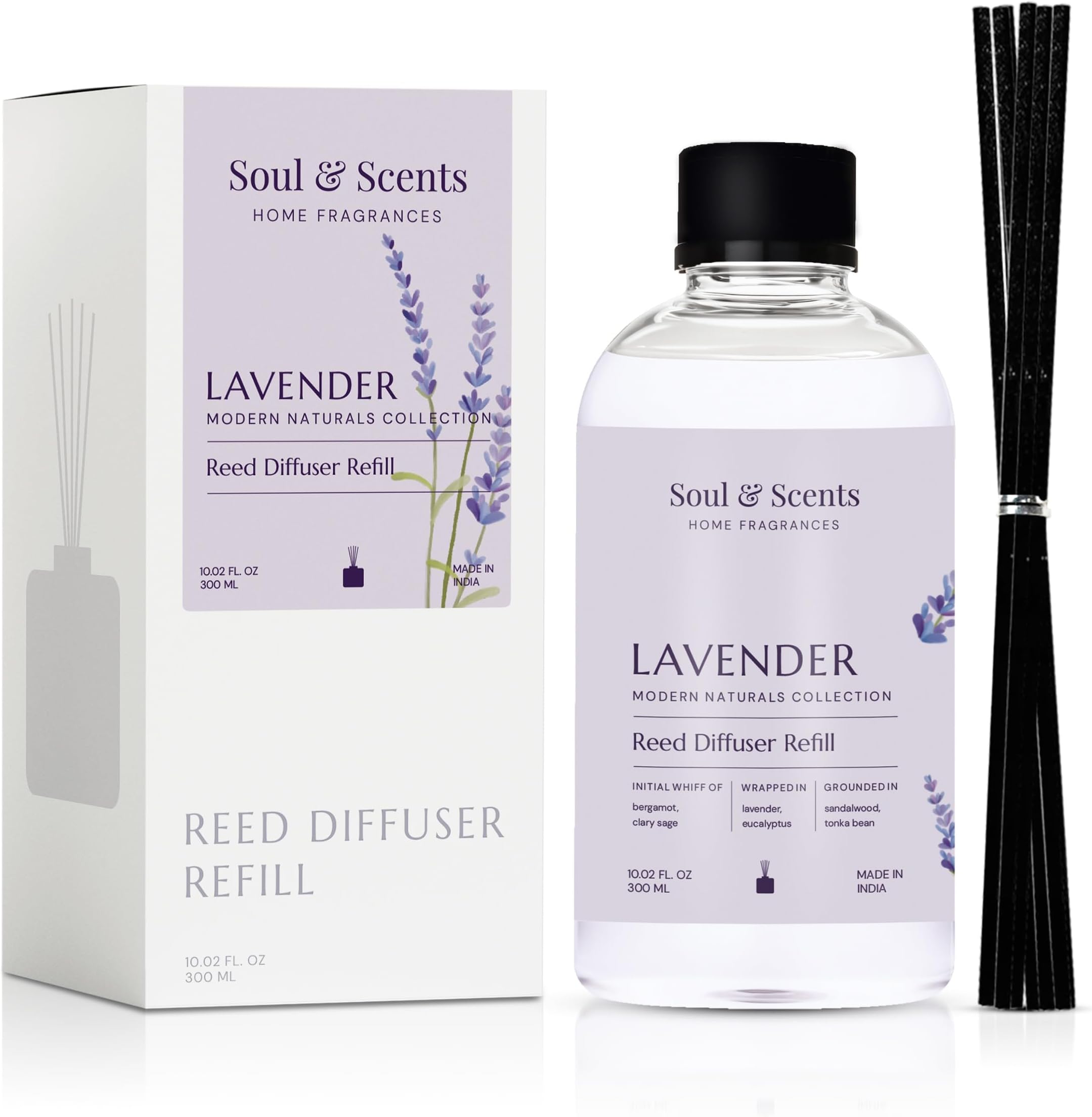 Soul & Scents 300ml Reed Diffuser Refill for Lavender Fragrance | Free 12 Fiber Reed Sticks | Long Lasting | Smoke Less Room Freshener for Home, Bedroom, Living Room & Office
