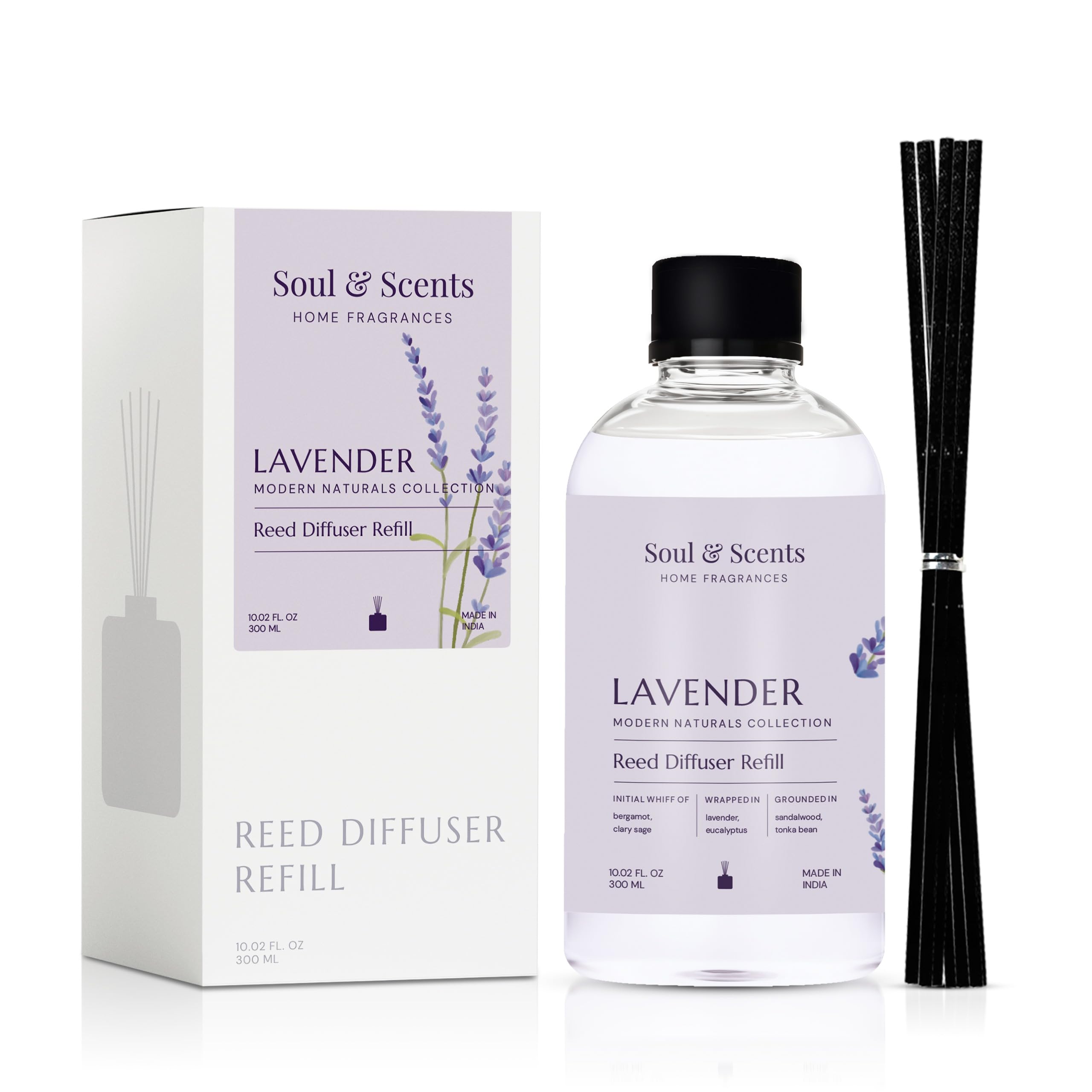 Soul & Scents 300ml Reed Diffuser Refill for Lavender Fragrance | Free 12 Fiber Reed Sticks | Long Lasting | Smoke Less Room Freshener for Home, Bedroom, Living Room & Office