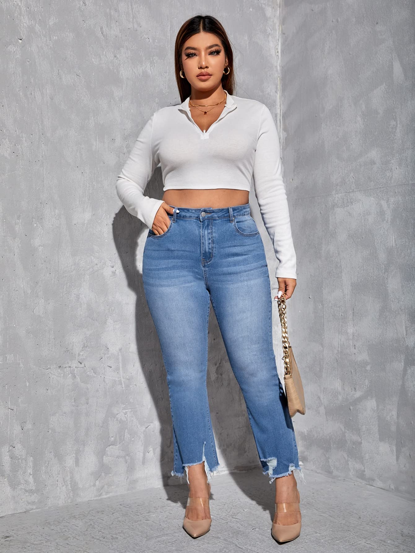 Amazon.com: Women's Plus Size Jeans Plus High Waist Raw Cut Asymmetrical  Hem Flare Leg Jeans (Color : Medium Wash, Size : 3X-Large) : Clothing,  Shoes \u0026 Jewelry