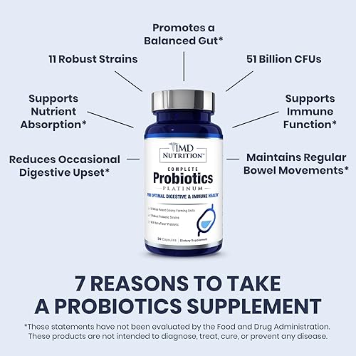 Miniatura 5 de 1MD Complete Probiotics Platinum  Apoya la salud digestiva  con prebióticos nutritivos, 51 mil millones de UFC vivos, 11 cepas, sin lácteos  30