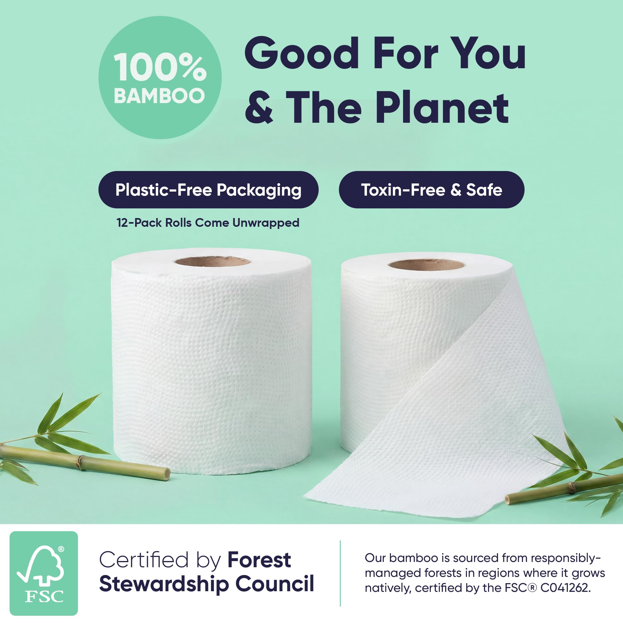 Save Trees Bambus Toilettenpapier - 12 Rollen Bio Toilettenpapier, 3-lagig, 300 Blatt pro Rolle - PFAS frei, FSC zertifiziert, plastikfrei, vegan & chemikalienfrei Bamboo TP