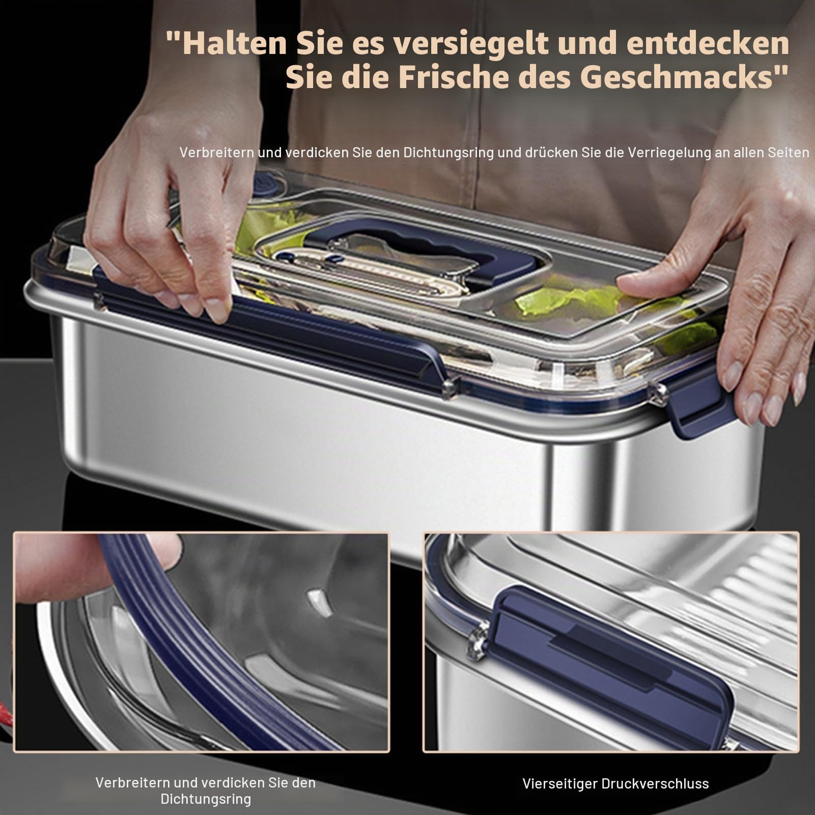 Frischhaltedosen mit Deckel, 316er Edelstahl, 5,6 L großes Fassungsvermögen luftdicht auslaufsicherer Küchen-Aufbewahrungsbehälter mit Datumsanzeige, Dichtungsring, verstecktem Griff