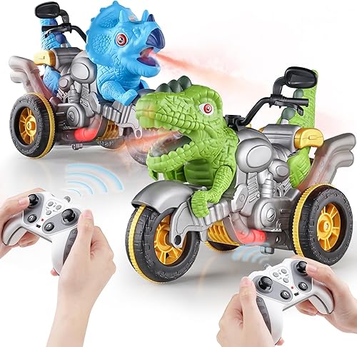 Miniatura 9 de Juego de 2 autos de control remoto para niños pequeños, con música, luz y aerosol, rotación de 360, camiones monstruo de dinosaurio, juguetes para